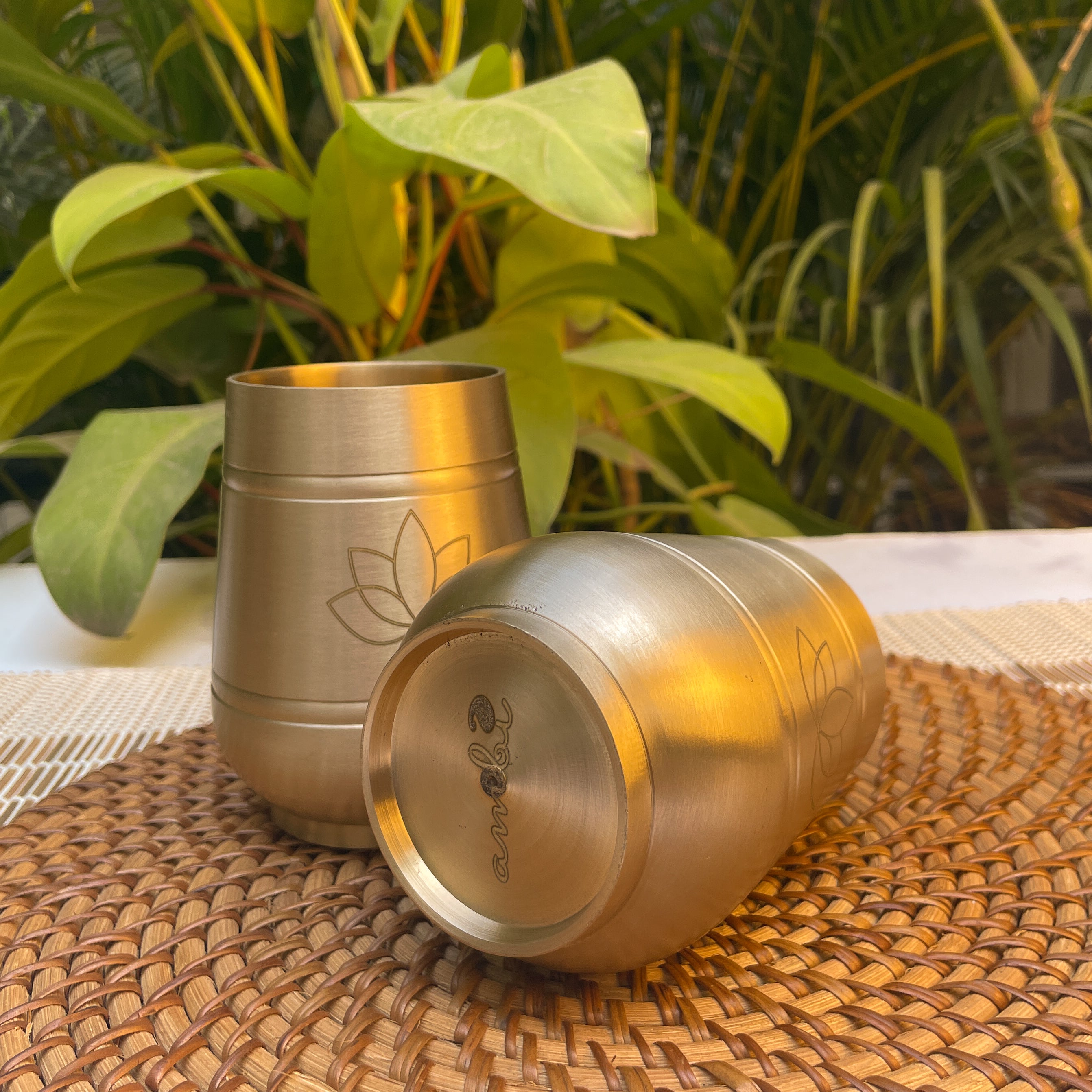 AMBI Pure 100% Lead Free Kansa Damru Shaped Water Glass -with Laser Cut Lotus Design 330 ml