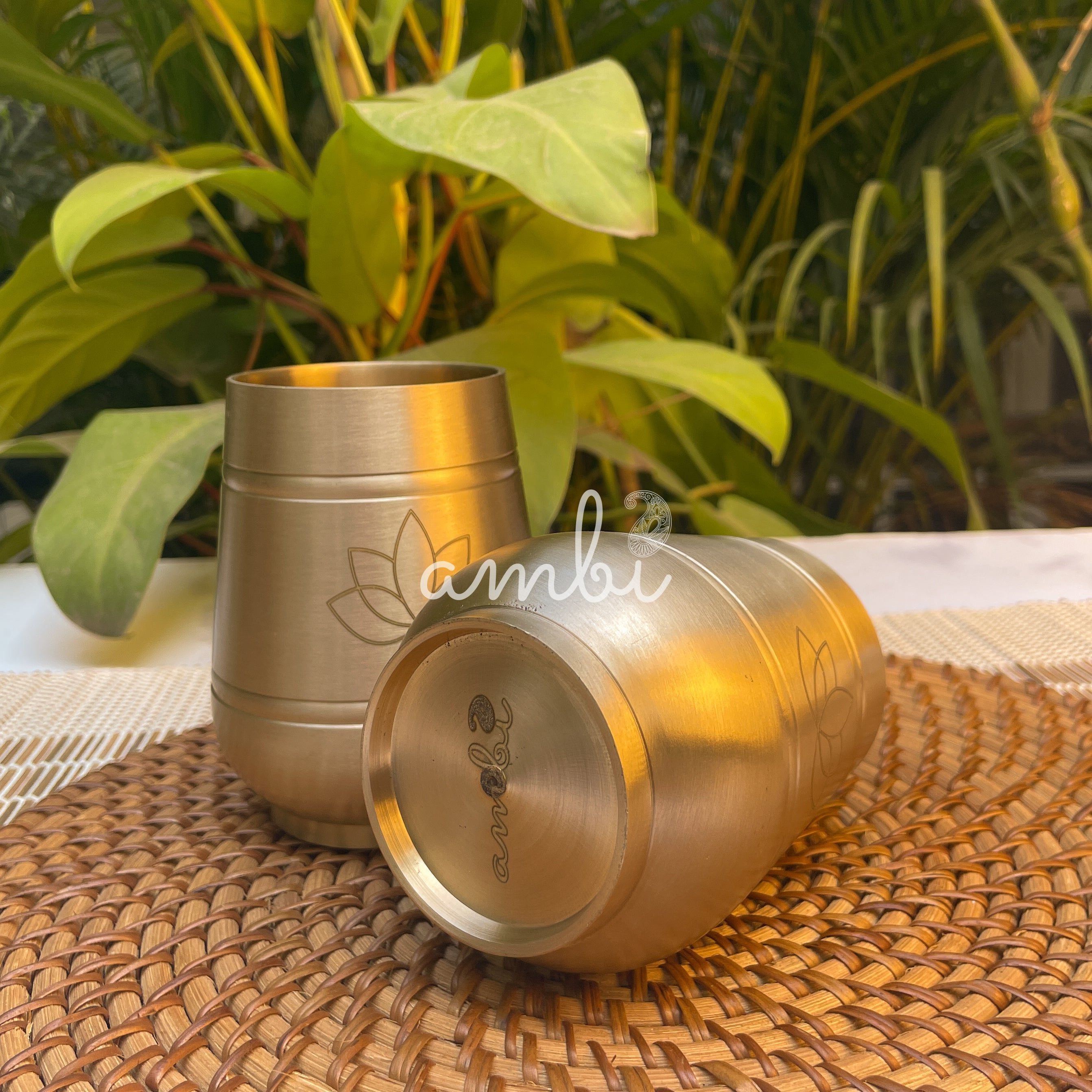 AMBI Pure 100% Lead Free Kansa Damru Shaped Water Glass -with Laser Cut Lotus Design - 330 ML