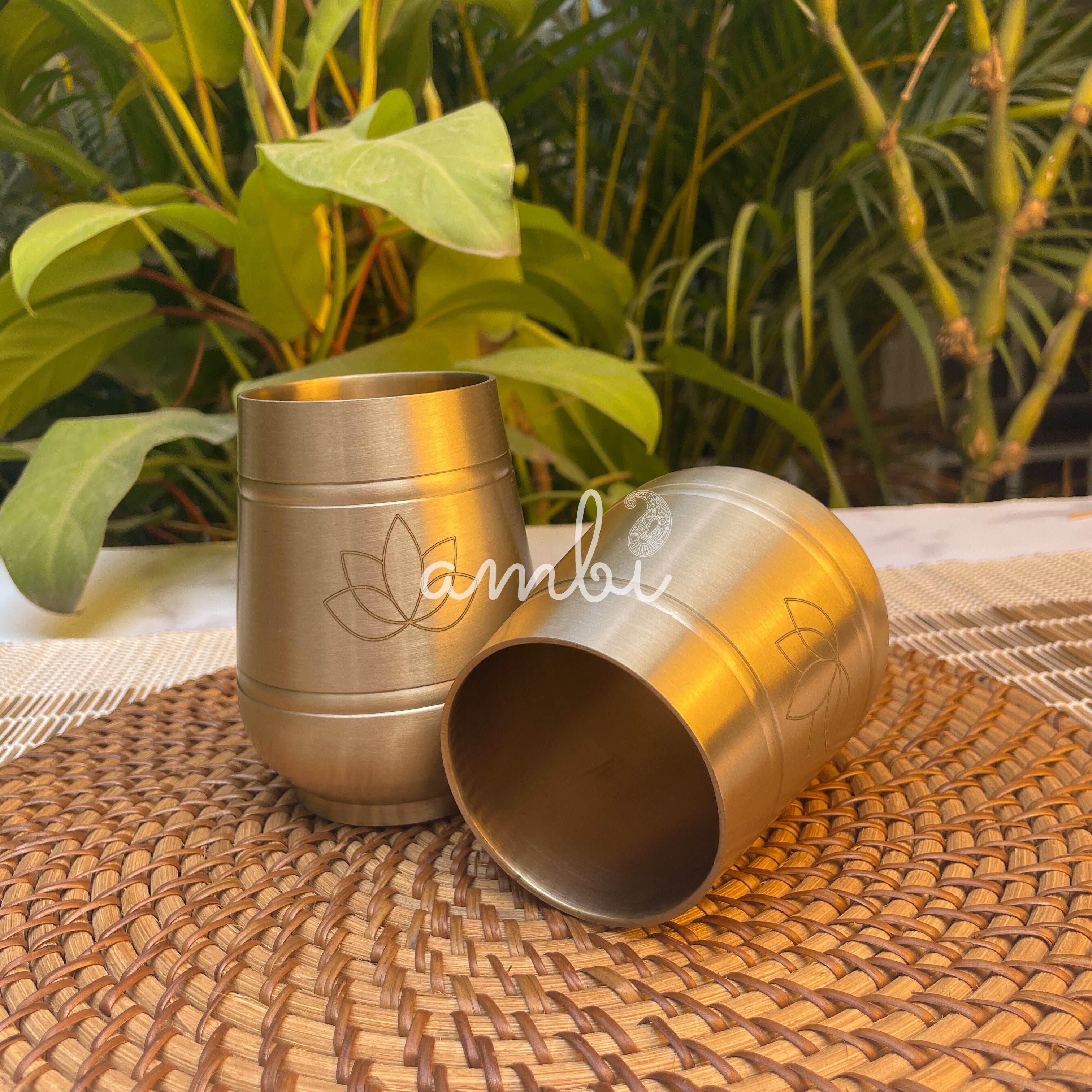 AMBI Pure 100% Lead Free Kansa Damru Shaped Water Glass -with Laser Cut Lotus Design - 330 ML