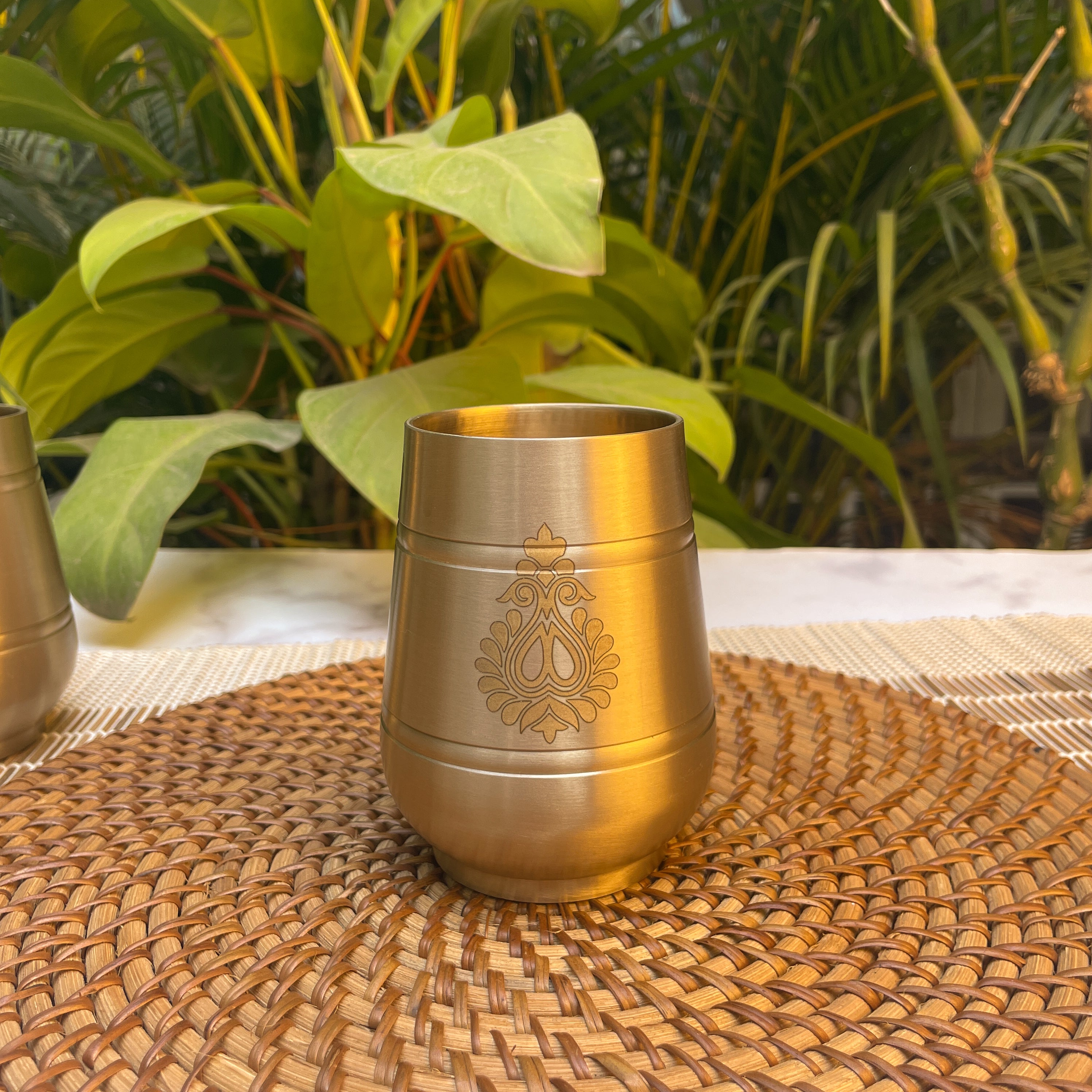 AMBI Pure 100% Lead Free Kansa Damru Shaped Water Glass -with Laser Cut Floral Paisley Design 330 ml