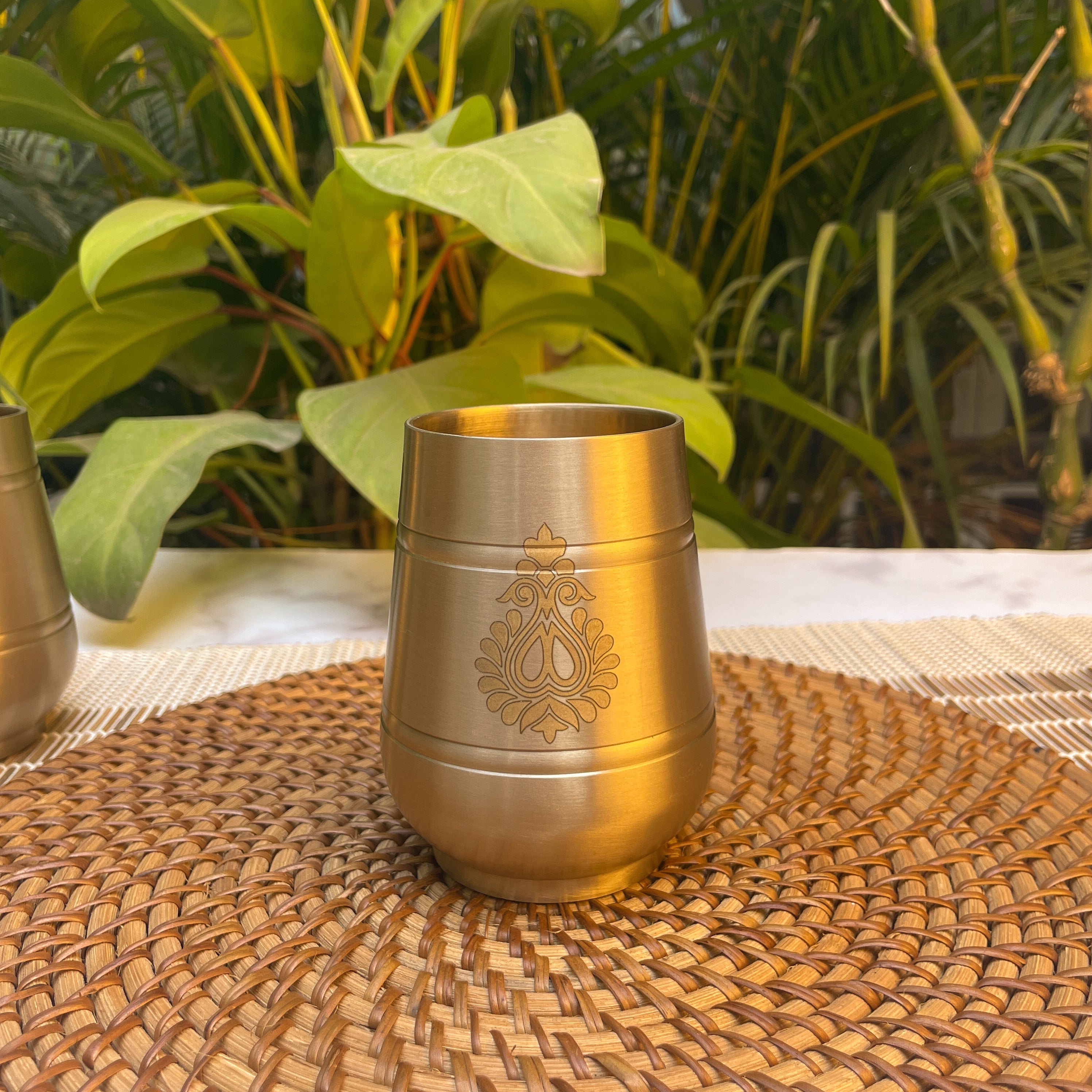 AMBI Pure 100% Lead Free Kansa Damru Shaped Water Glass -with Laser Cut Floral Paisley Design - 330 ML