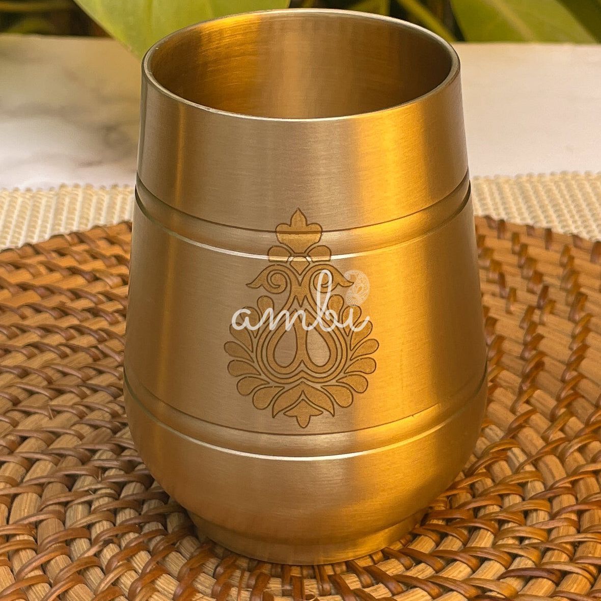 AMBI Pure 100% Lead Free Kansa Damru Shaped Water Glass -with Laser Cut Floral Paisley Design - 330 ML