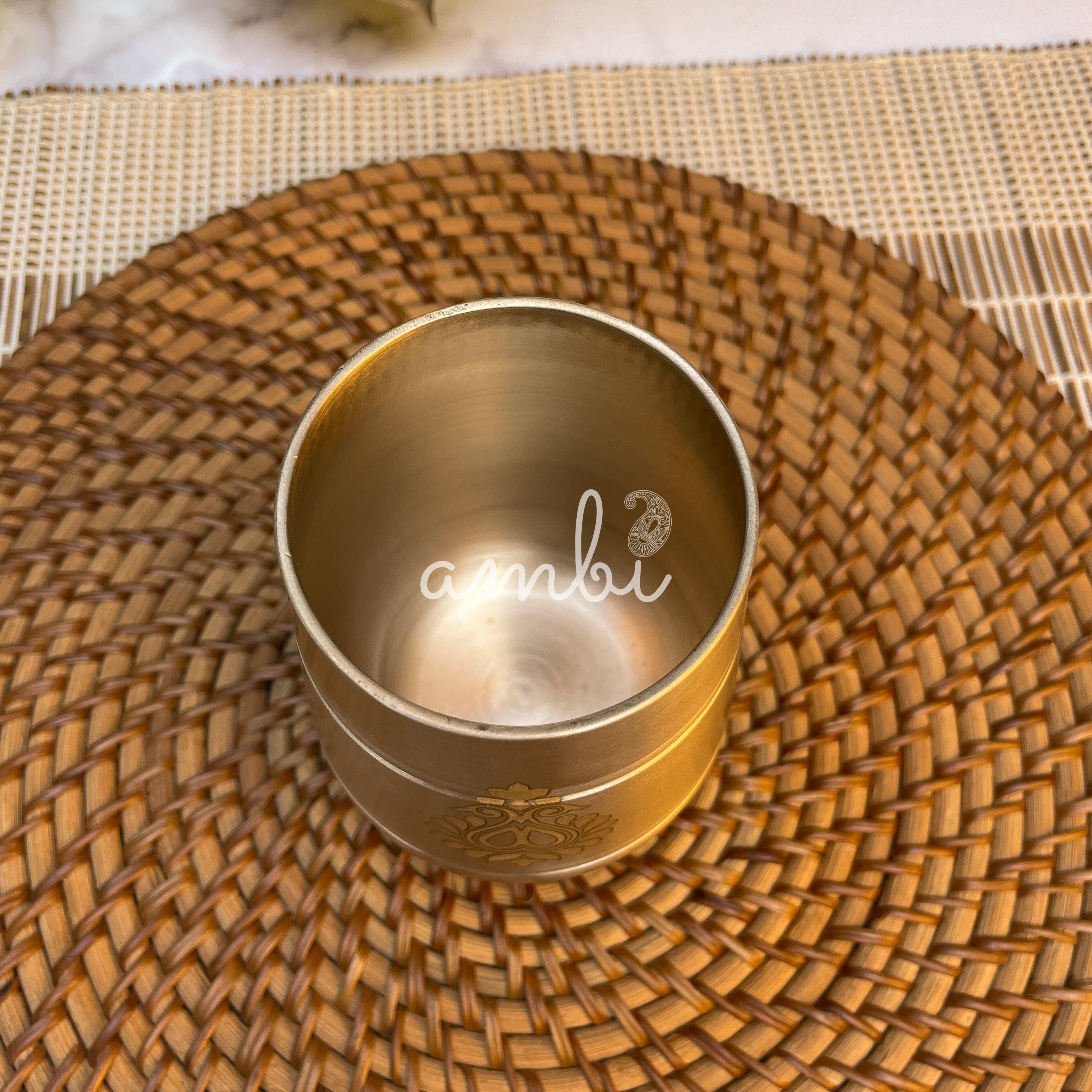 AMBI Pure 100% Lead Free Kansa Damru Shaped Water Glass -with Laser Cut Floral Paisley Design - 330 ML