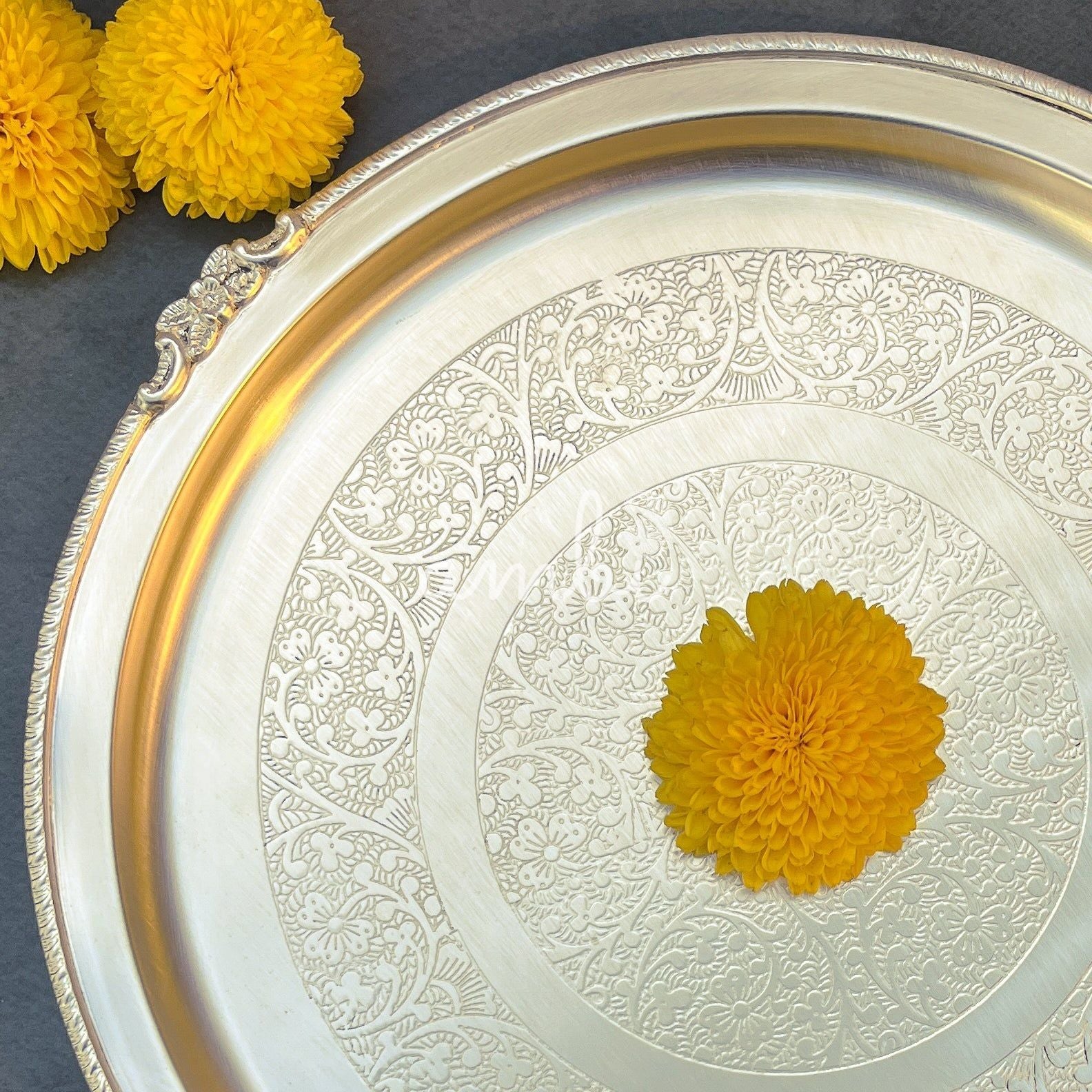 Ambi Elegant Large Matt Pure Brass Plate with Intricate Engraving 12 inch