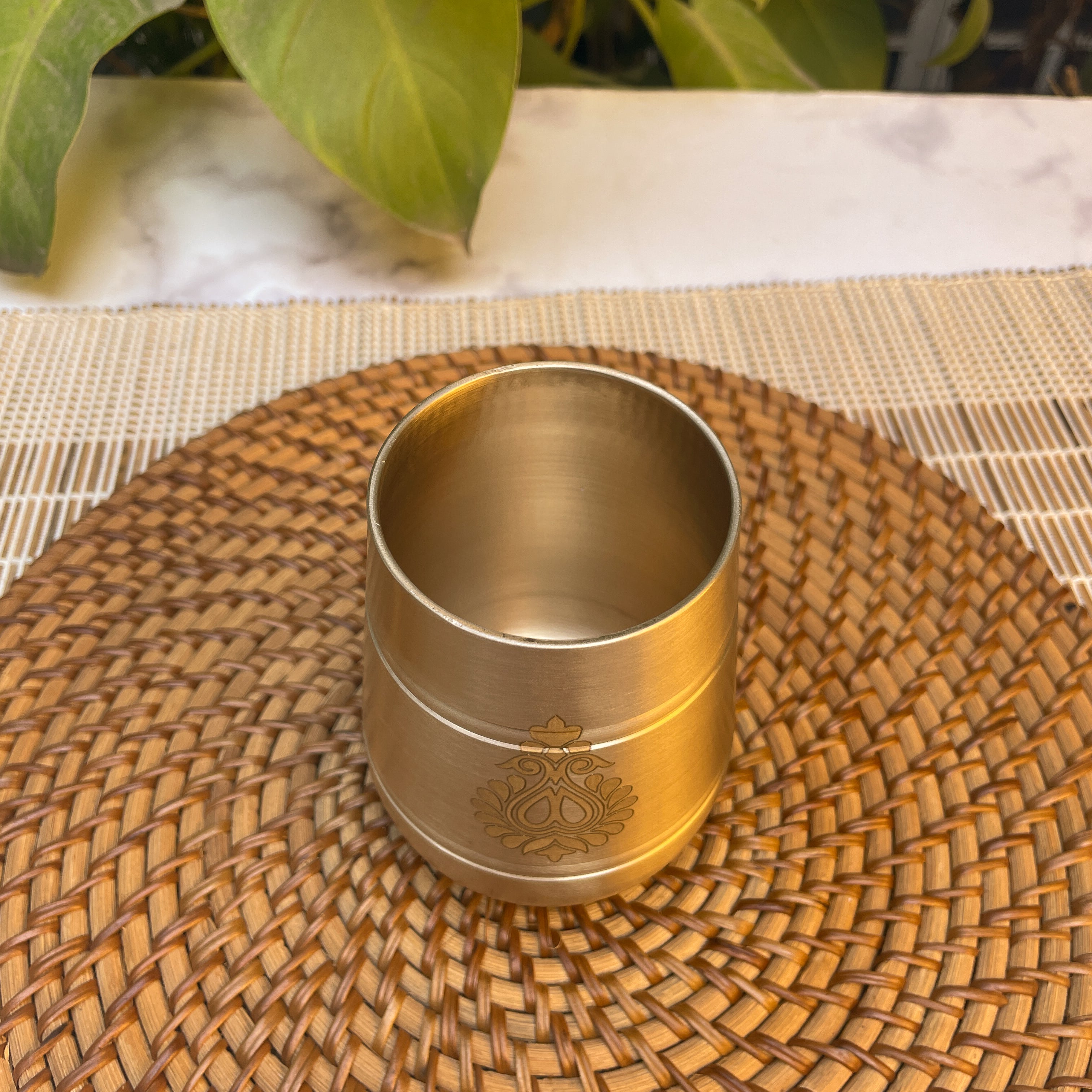 AMBI Pure 100% Lead Free Kansa Damru Shaped Water Glass -with Laser Cut Floral Paisley Design 330 ml