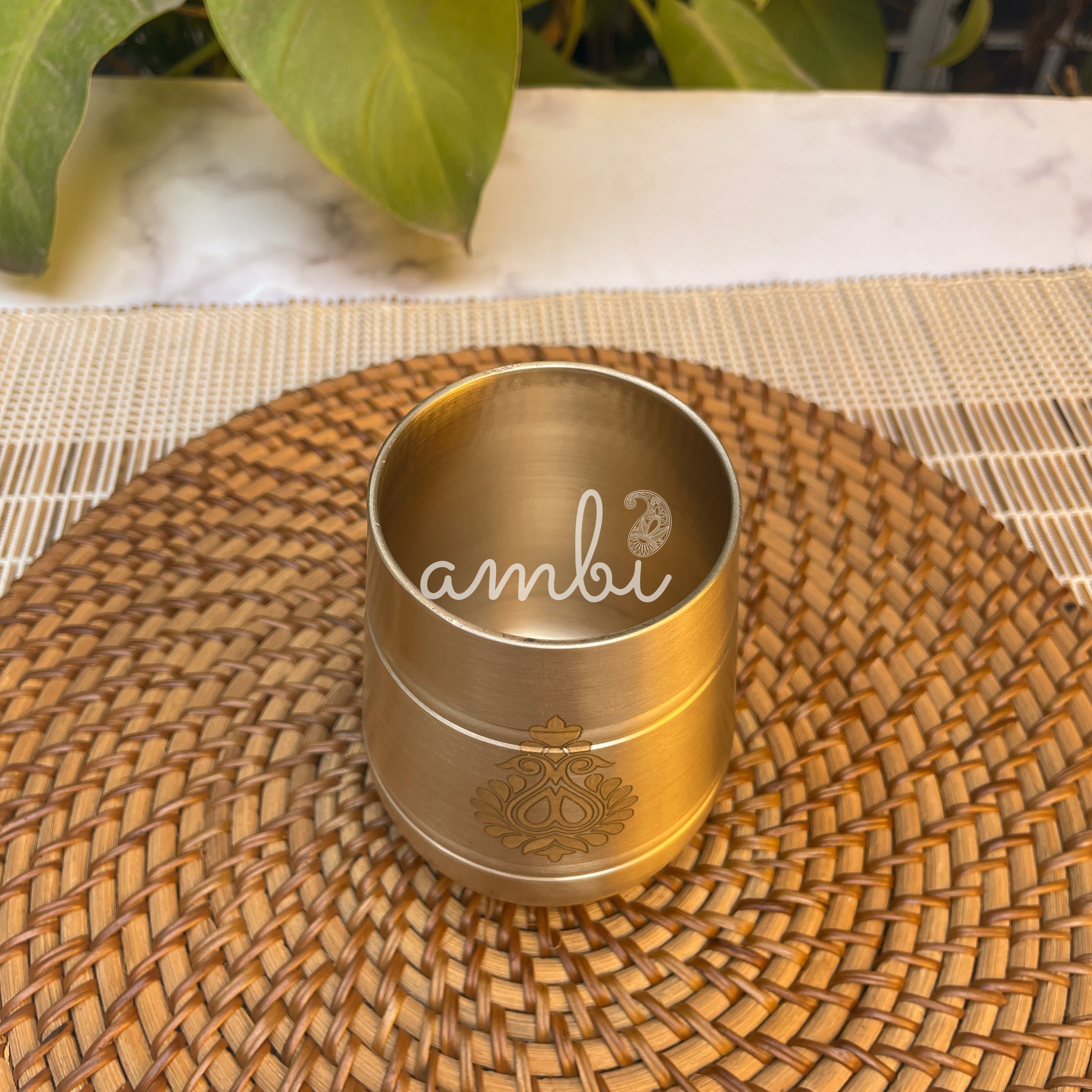 AMBI Pure 100% Lead Free Kansa Damru Shaped Water Glass -with Laser Cut Floral Paisley Design - 330 ML