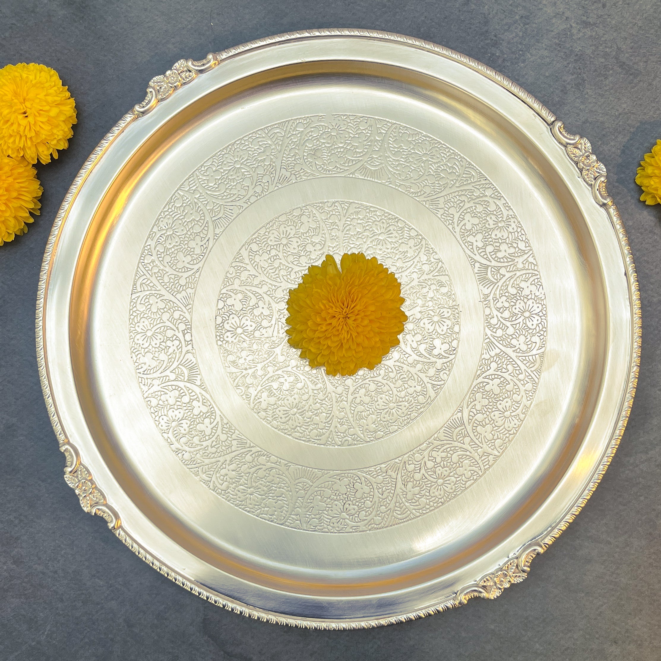 Ambi Elegant Large Matt Pure Brass Plate with Intricate Engraving 12 inch