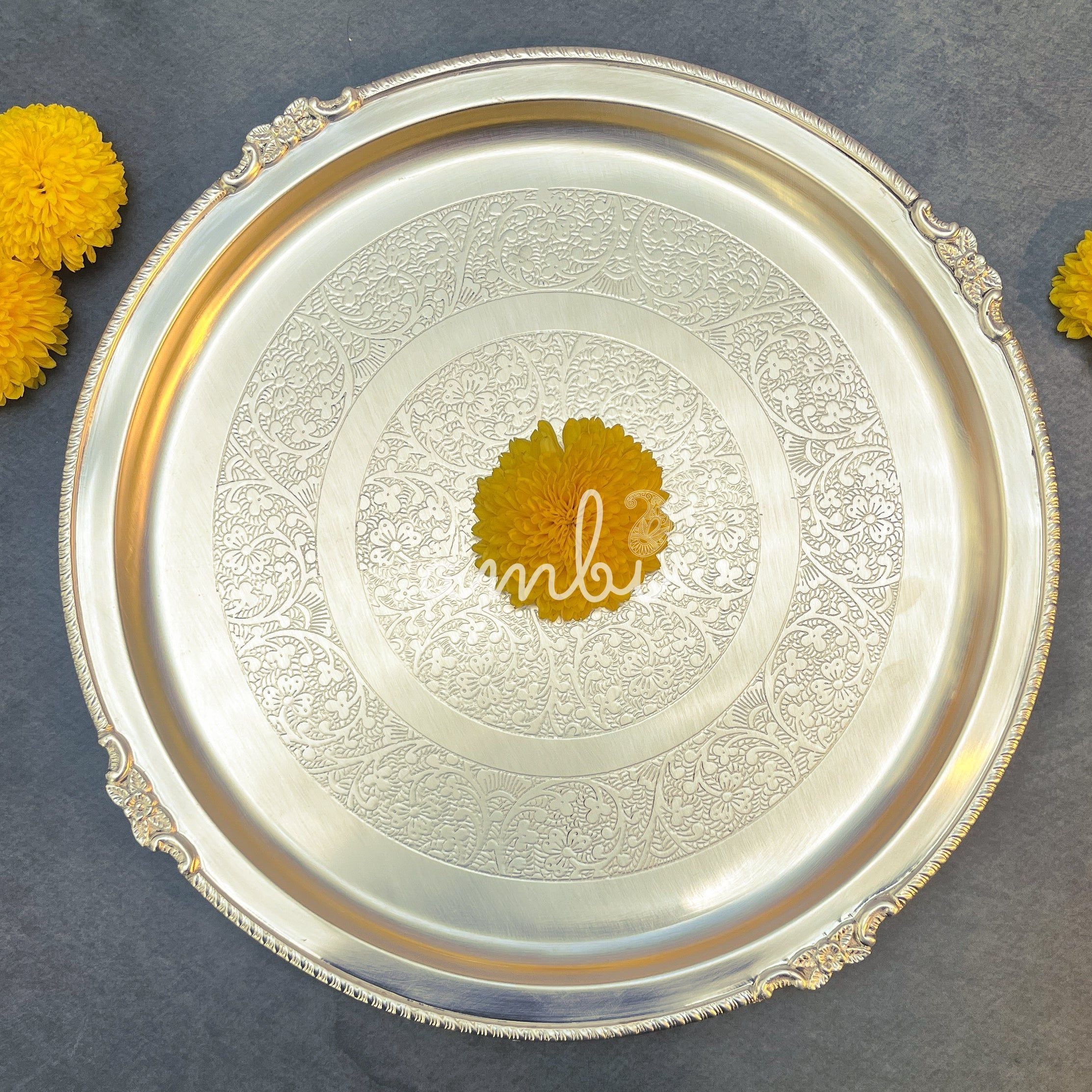 Ambi Elegant Large Matt Pure Brass Plate with Intricate Engraving 12 inch