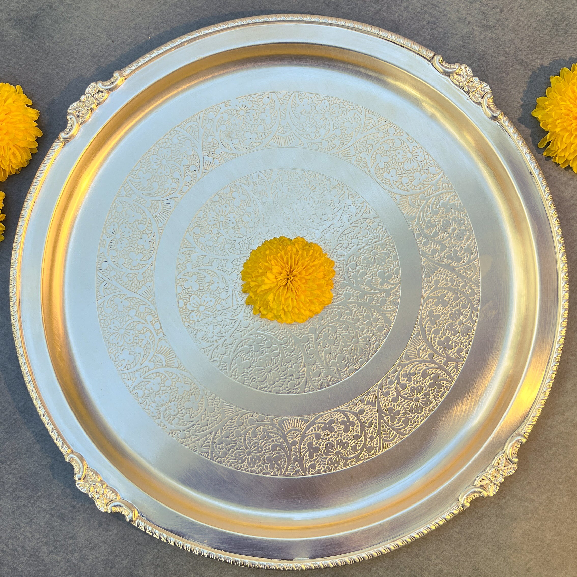 Ambi Elegant Large Matt Pure Brass Plate with Intricate Engraving 12 inch