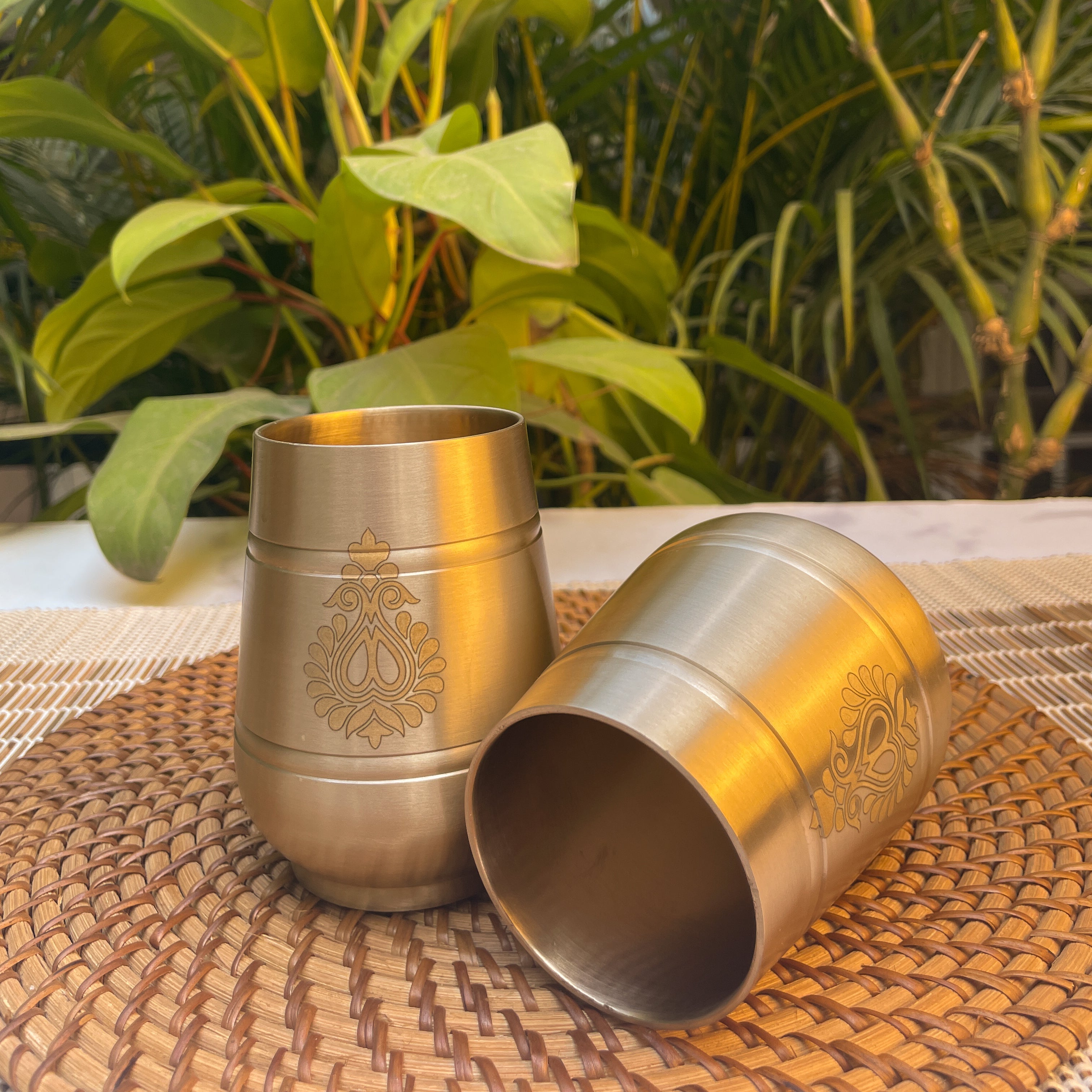 AMBI Pure 100% Lead Free Kansa Damru Shaped Water Glass -with Laser Cut Floral Paisley Design - 330 ML