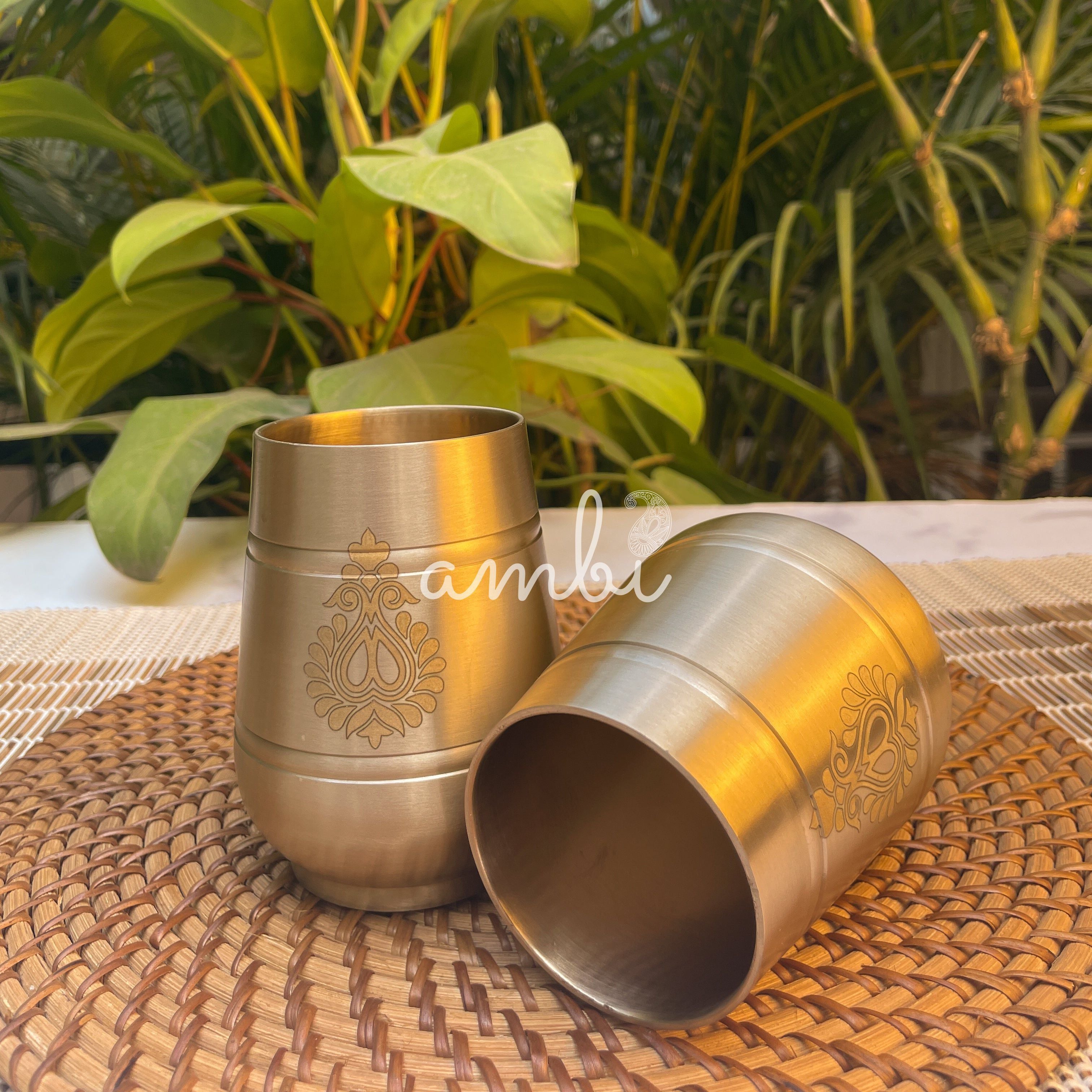 AMBI Pure 100% Lead Free Kansa Damru Shaped Water Glass -with Laser Cut Floral Paisley Design - 330 ML