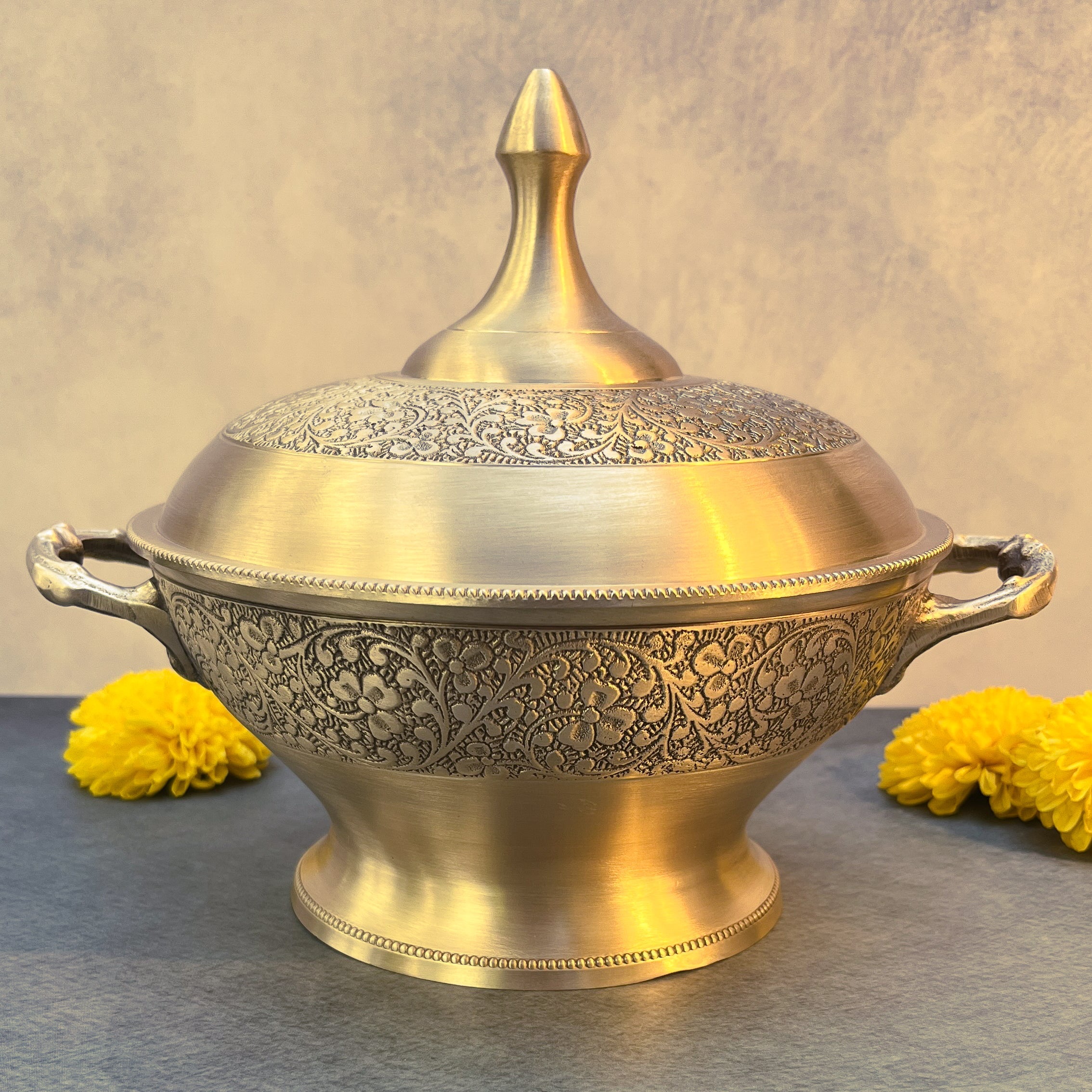 AMBI Regal Hand-Engraved Brass Serving Bowl with Lid & Handles Medium