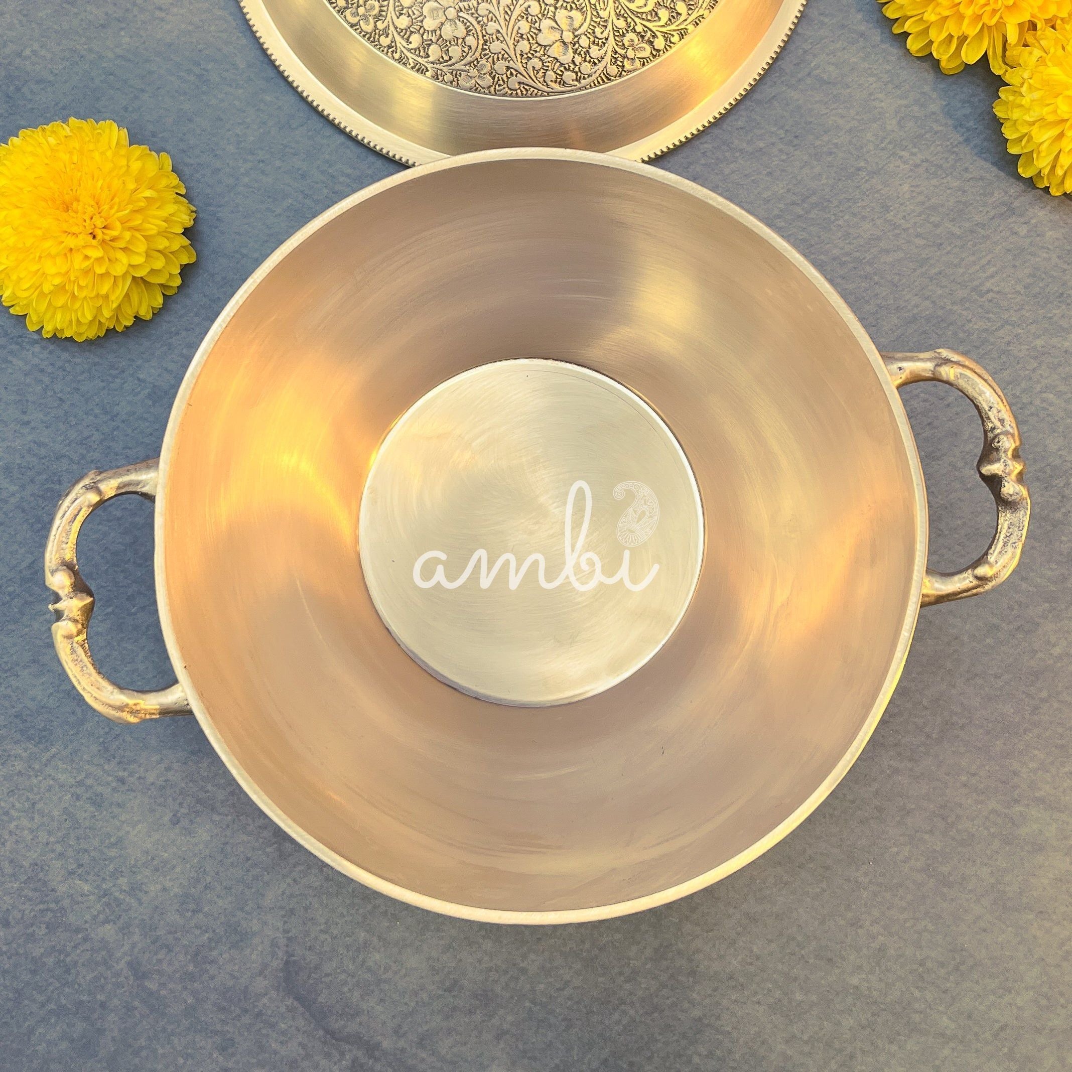 AMBI Regal Hand-Engraved Brass Serving Bowl with Lid & Handles Medium
