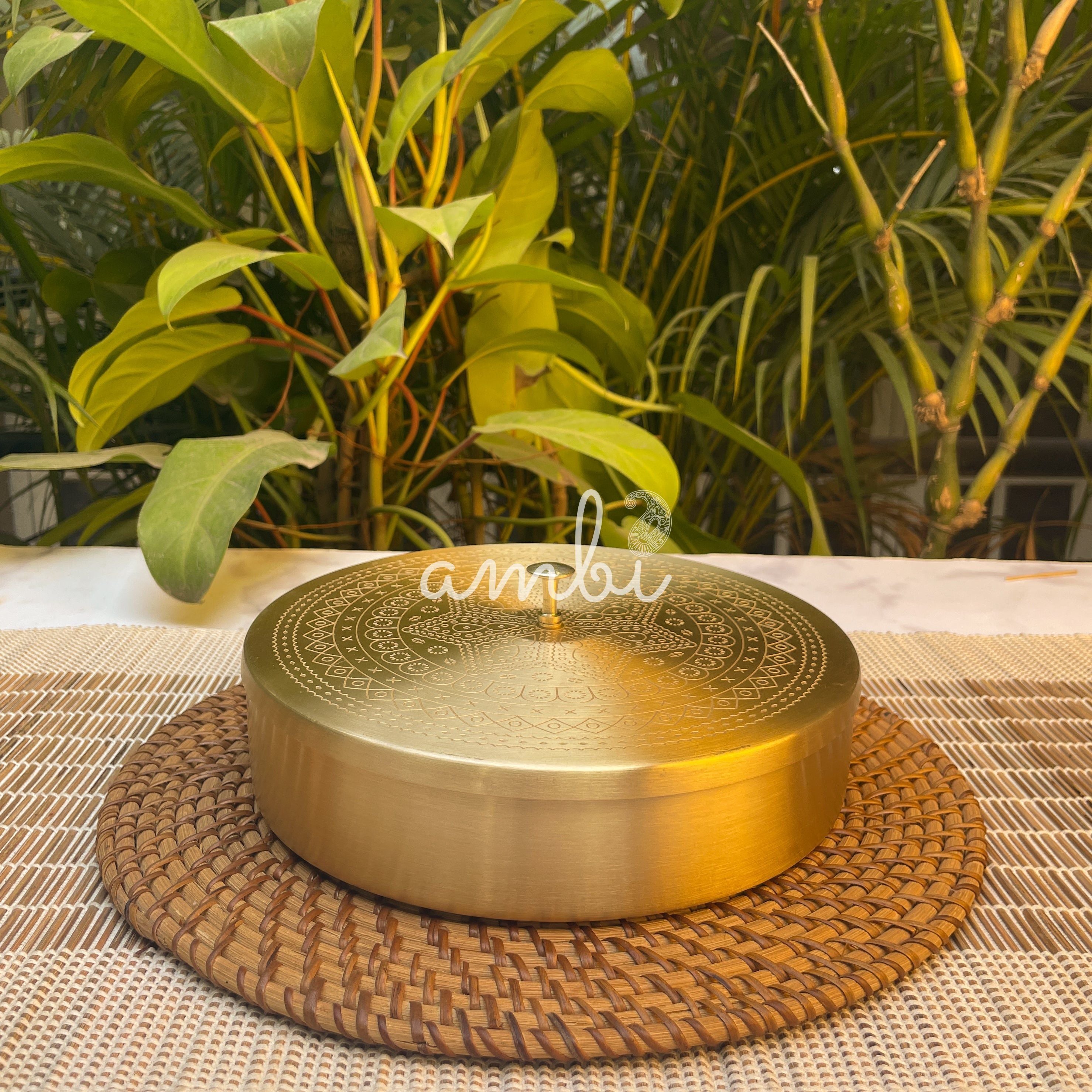 Ambi Pure Brass Spice Chest Masala Daani - Mandala Pattern - 8 Inches