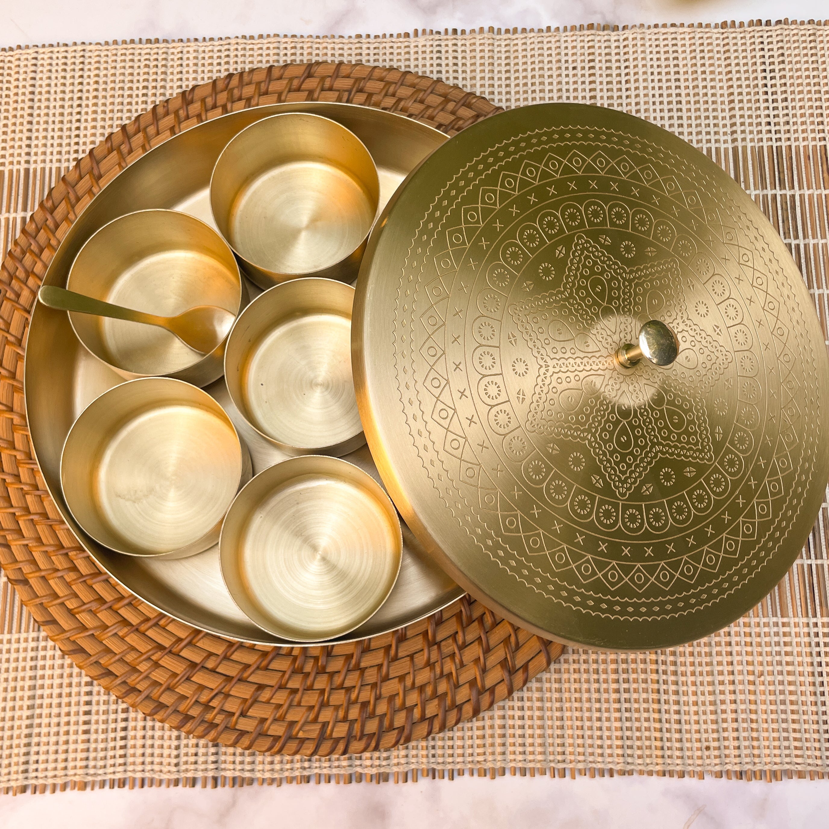 Ambi Pure Brass Spice Chest Masala Daani - Mandala Pattern - 8 Inches