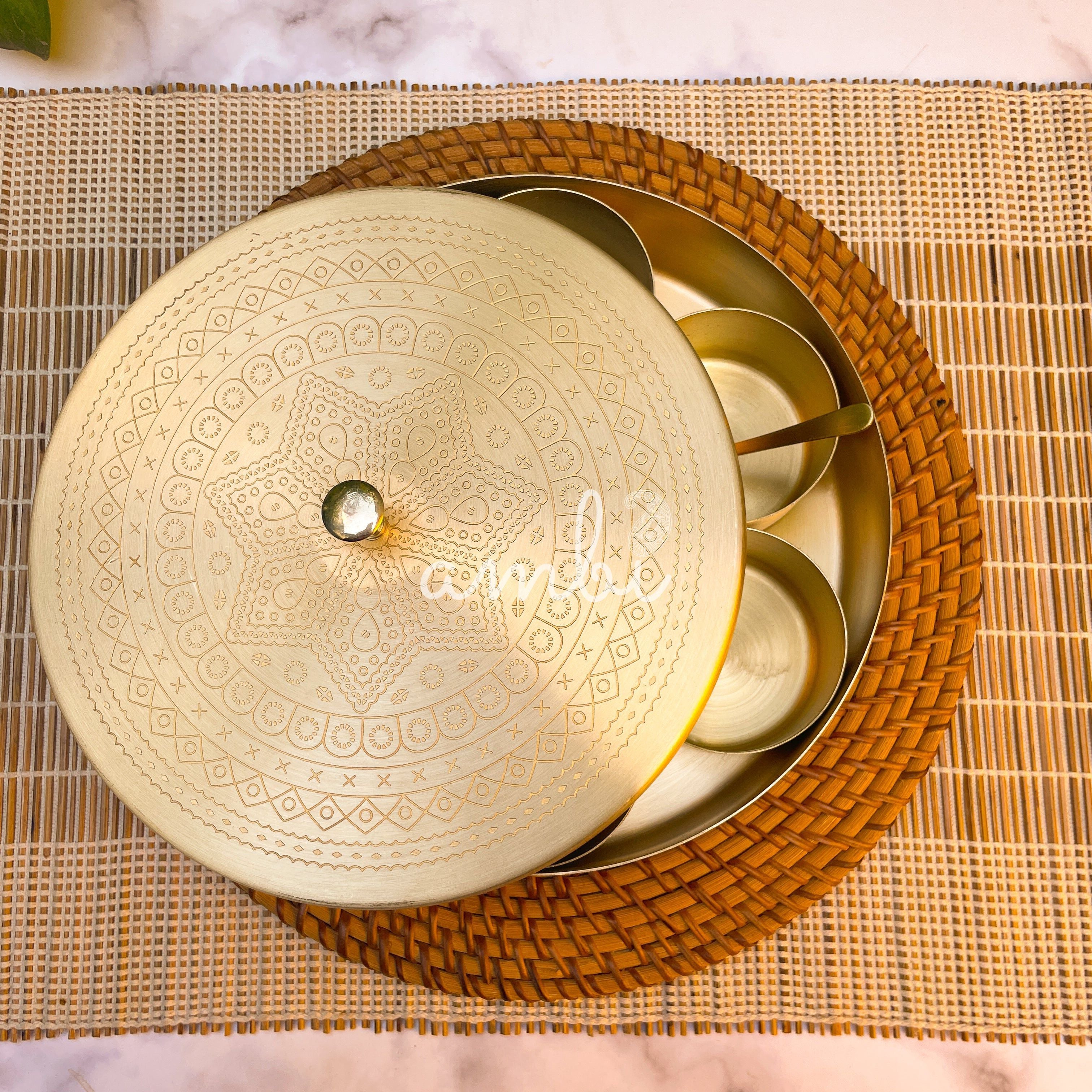 Ambi Pure Brass Spice Chest Masala Daani - Mandala Pattern - 8 Inches