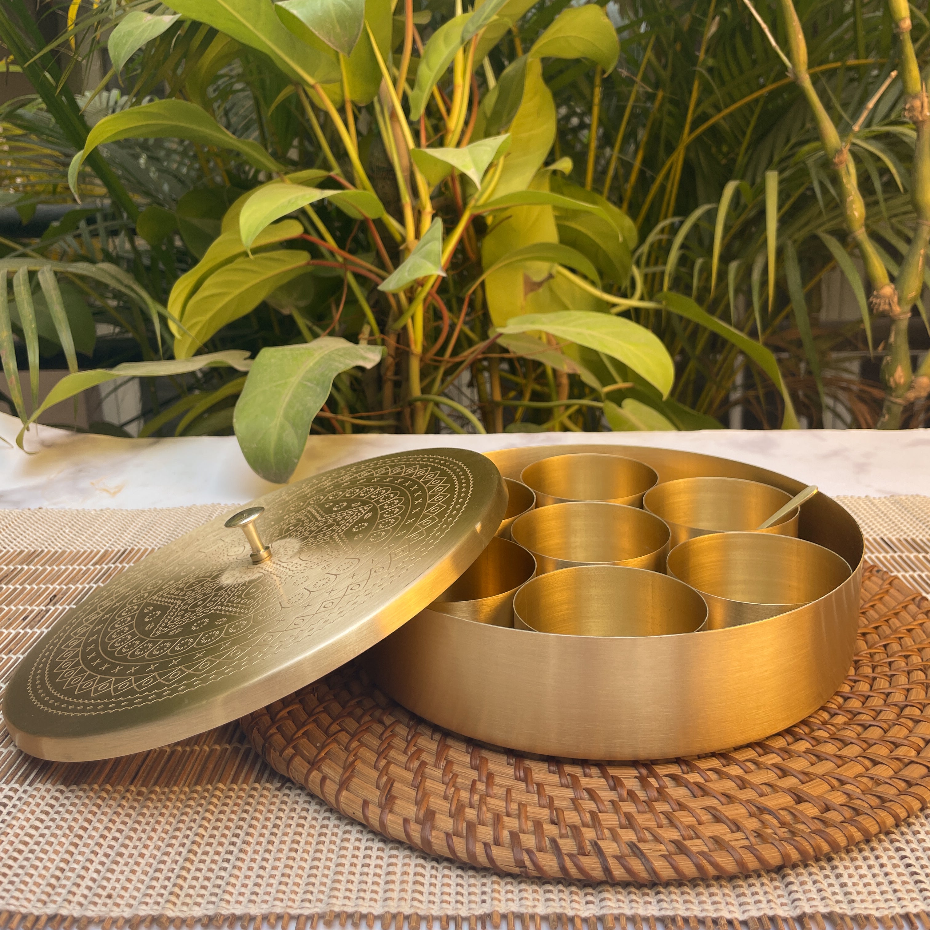 Ambi Pure Brass Spice Chest Masala Daani - Mandala Pattern - 8 Inches