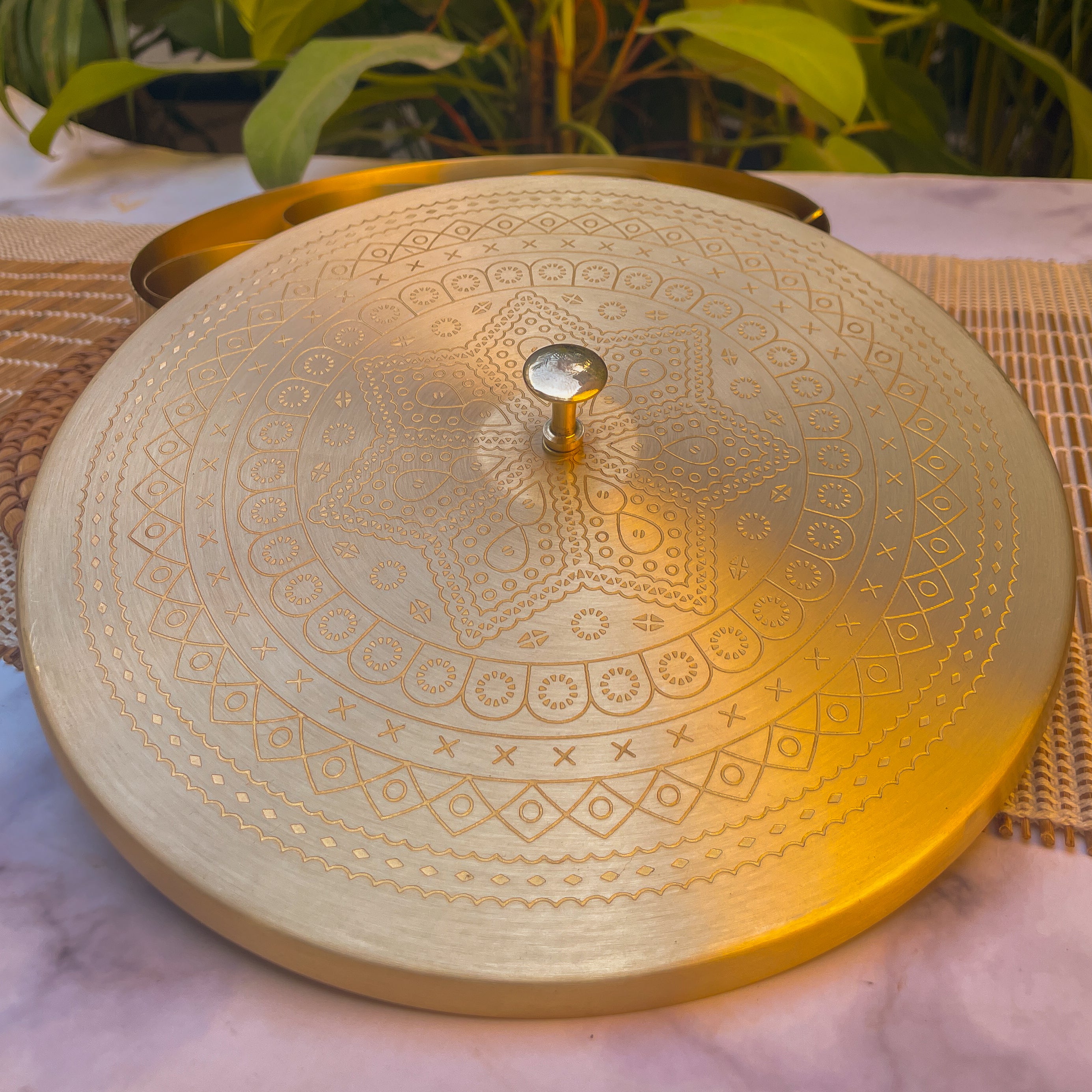 Ambi Pure Brass Spice Chest Masala Daani - Mandala Pattern - 8 Inches