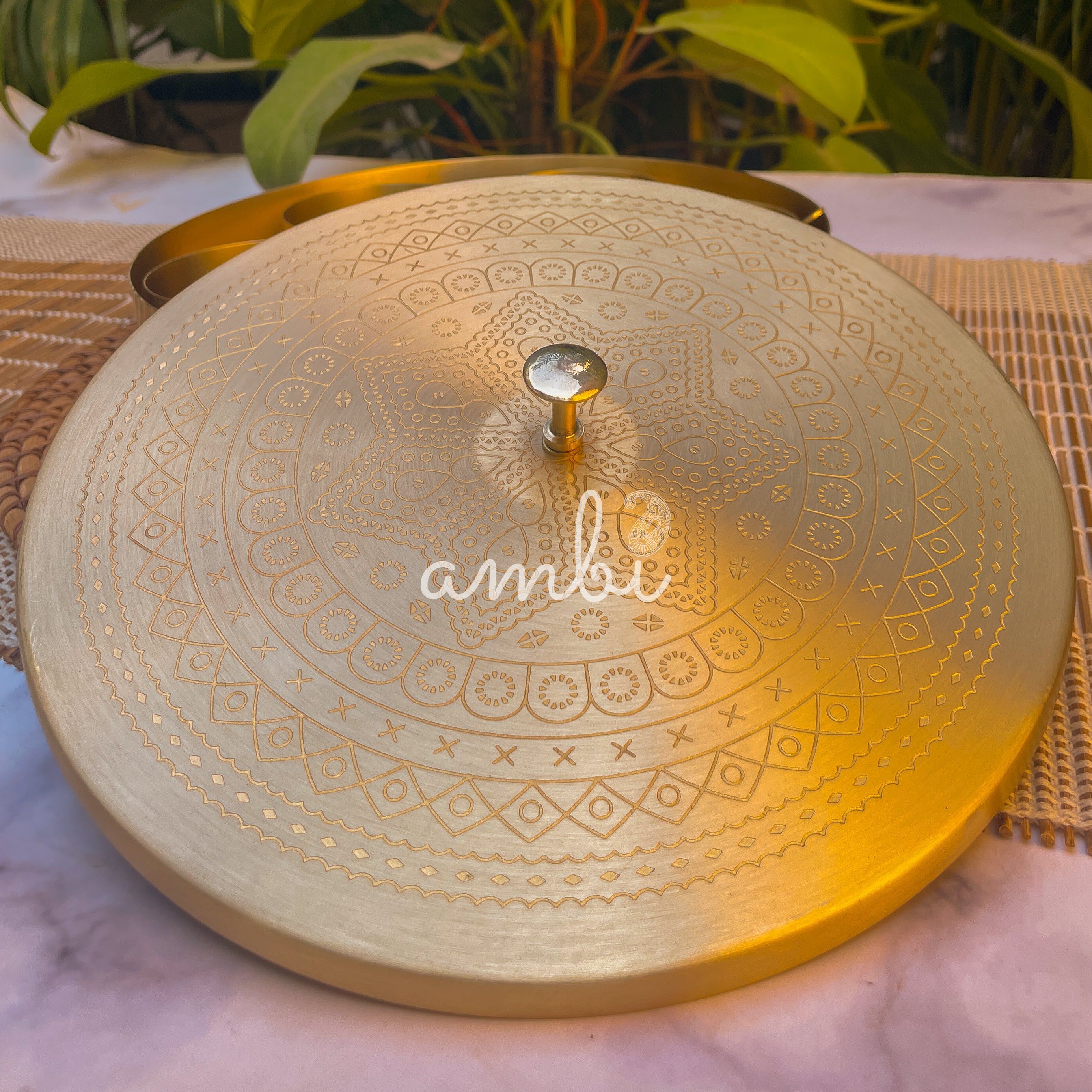 Ambi Pure Brass Spice Chest Masala Daani - Mandala Pattern - 8 Inches