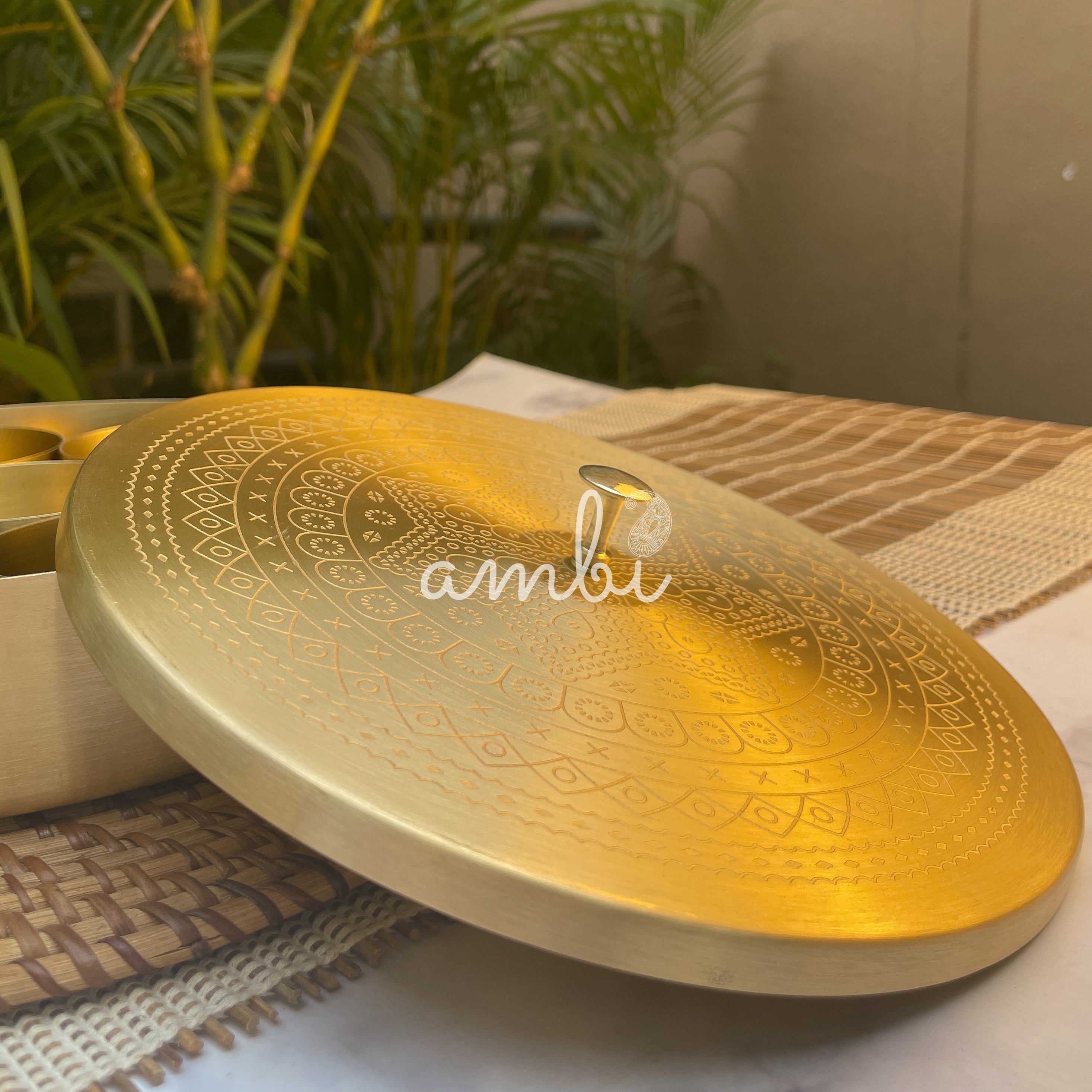 Ambi Pure Brass Spice Chest Masala Daani - Mandala Pattern - 8 Inches