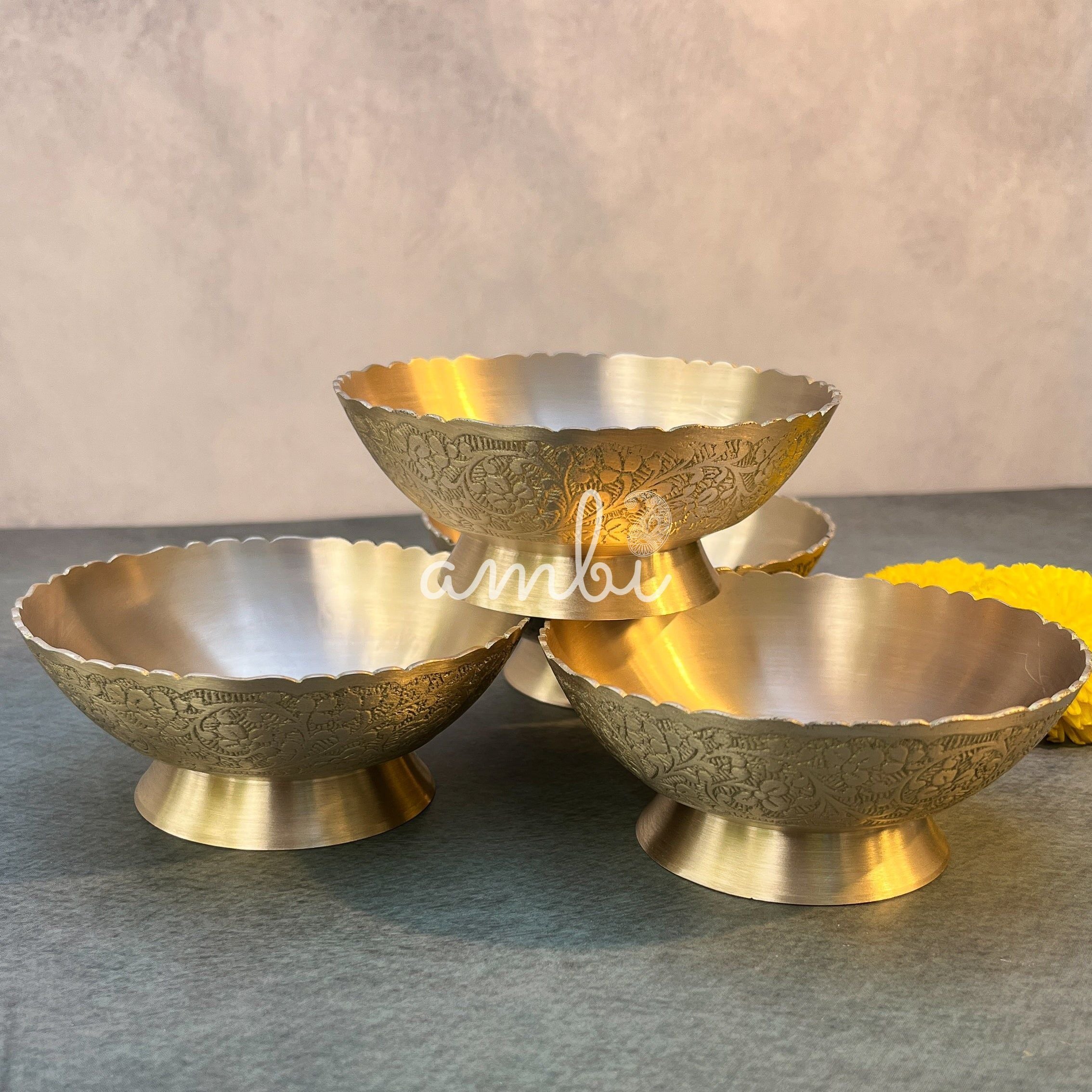 AMBI Handcrafted 100% Pure Brass Dessert / Nut Bowl with engraving Set of 4