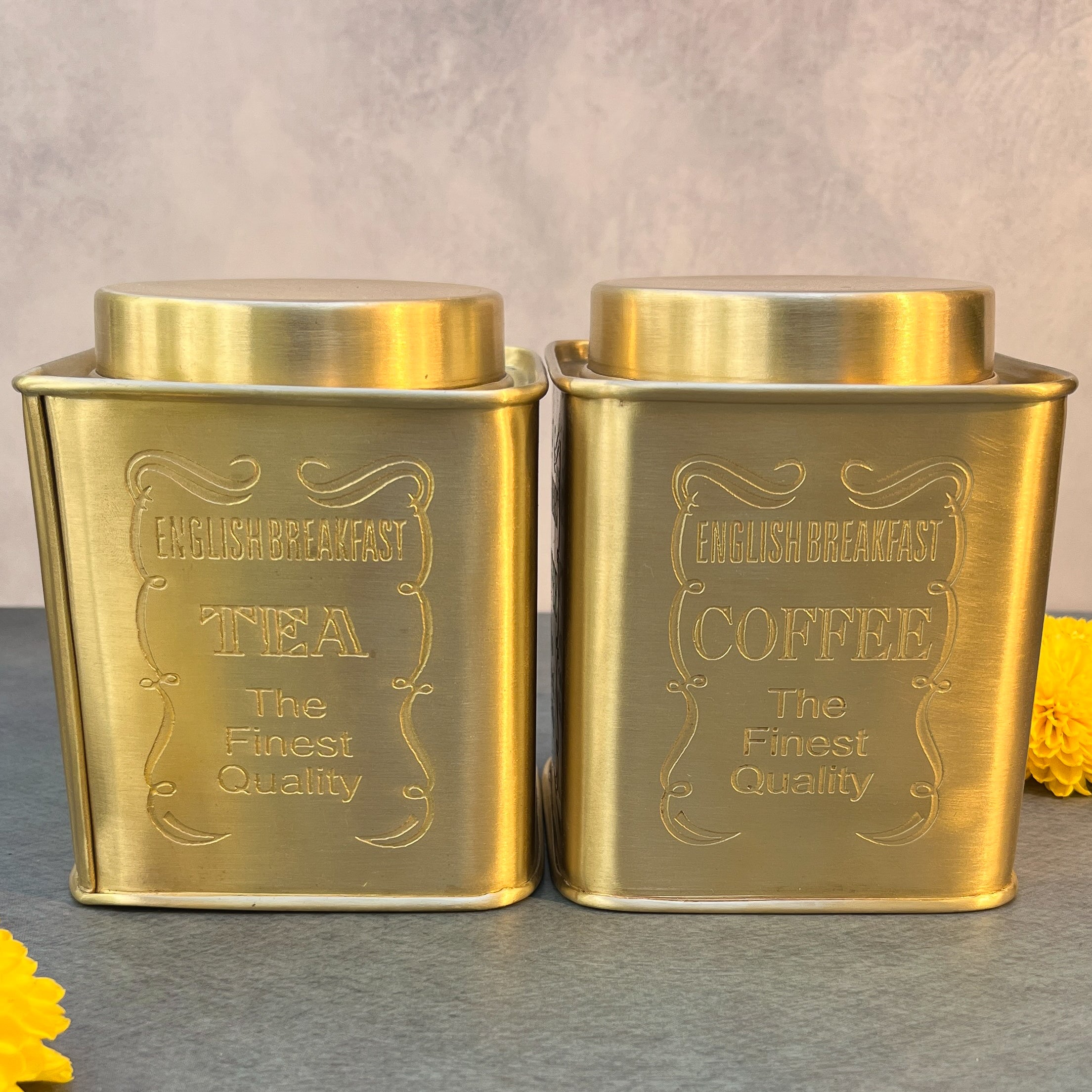 AMBI Tea, Sugar & Coffee Jars - Pure Brass Elegant Etched - Storage container- Set of 3