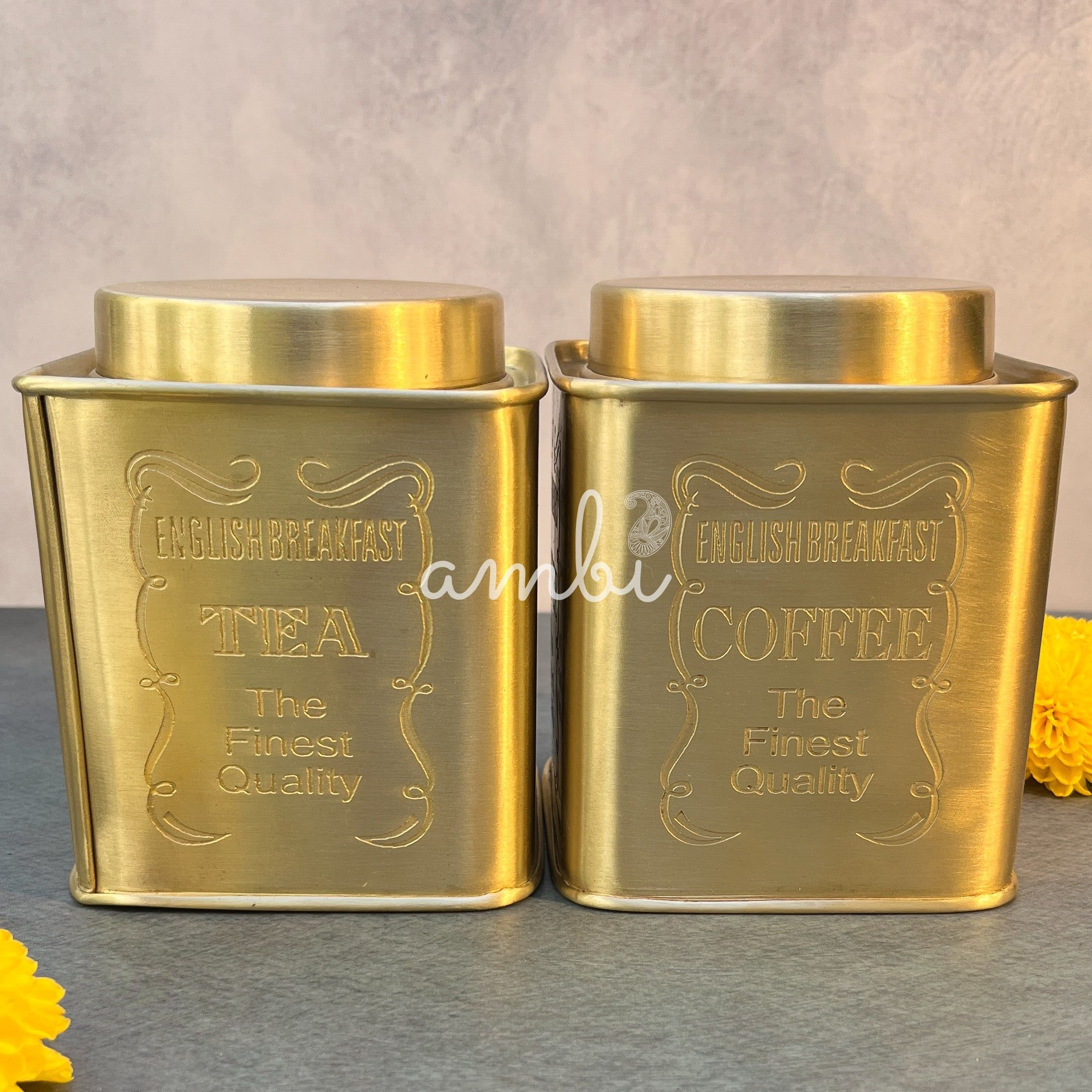 AMBI Tea, Sugar & Coffee Jars - Pure Brass Elegant Etched - Storage container- Set of 3