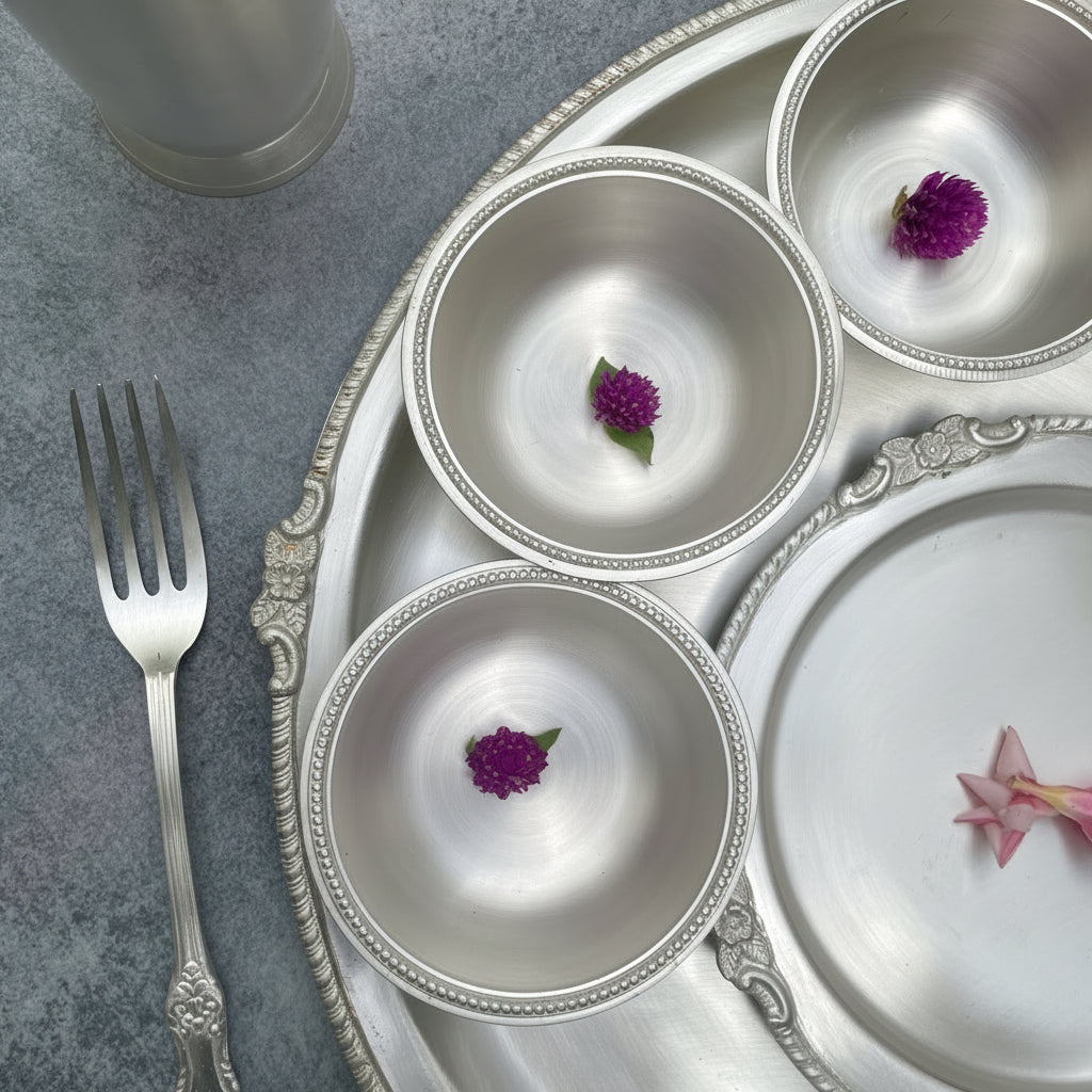 Ambi Royal Matte Silver-Plated Pure Brass Matt Thali Set with Engraved Borders Details – 9 Pieces