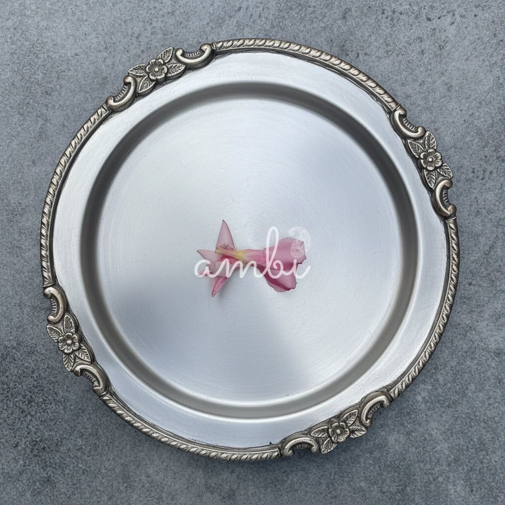 Ambi Royal Matte Silver-Plated Pure Brass Matt Thali Set with Engraved Borders Details – 9 Pieces