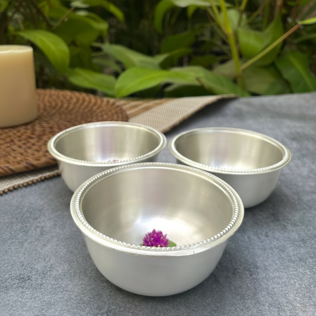 Ambi Royal Matte Silver-Plated Pure Brass Matt Thali Set with Engraved Borders Details – 9 Pieces