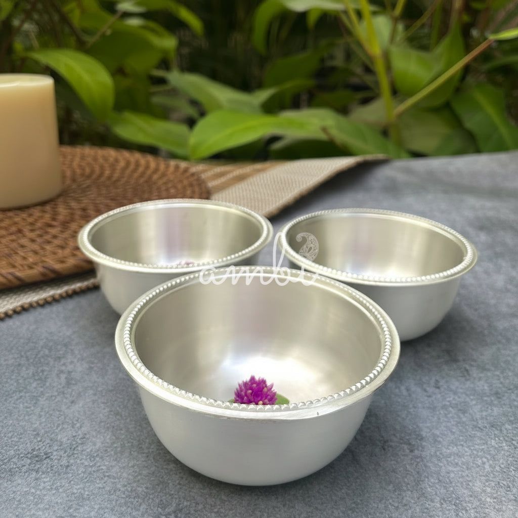 Ambi Royal Matte Silver-Plated Pure Brass Matt Thali Set with Engraved Borders Details – 9 Pieces