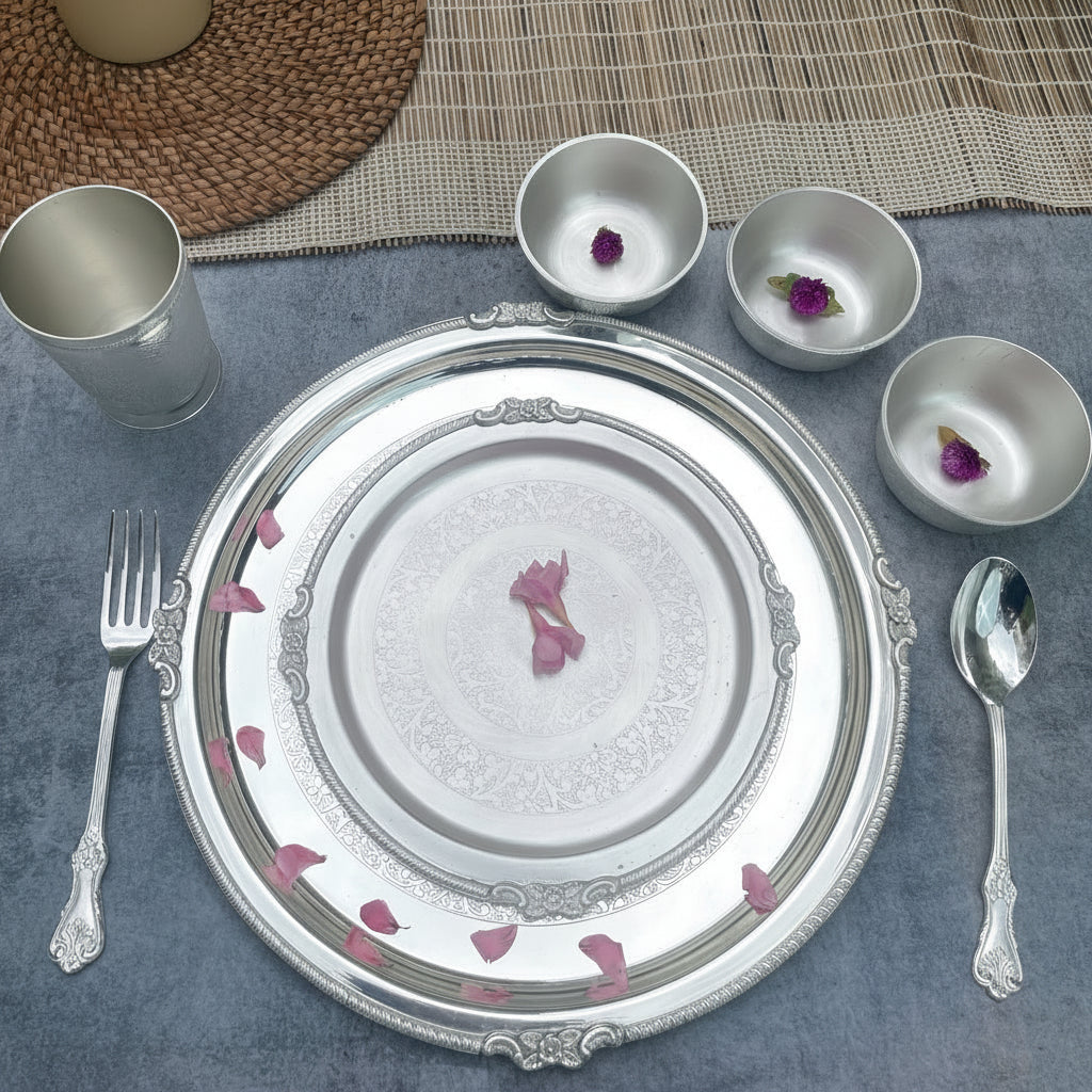 Ambi Silver-Plated Brass Thali Set – 8 Pieces | Glossy Engraved