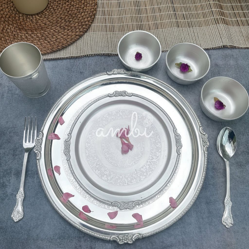 Ambi Pure Silver Plated Brass Royal Glossy Thali Set with Engraved Details – 8 Pieces