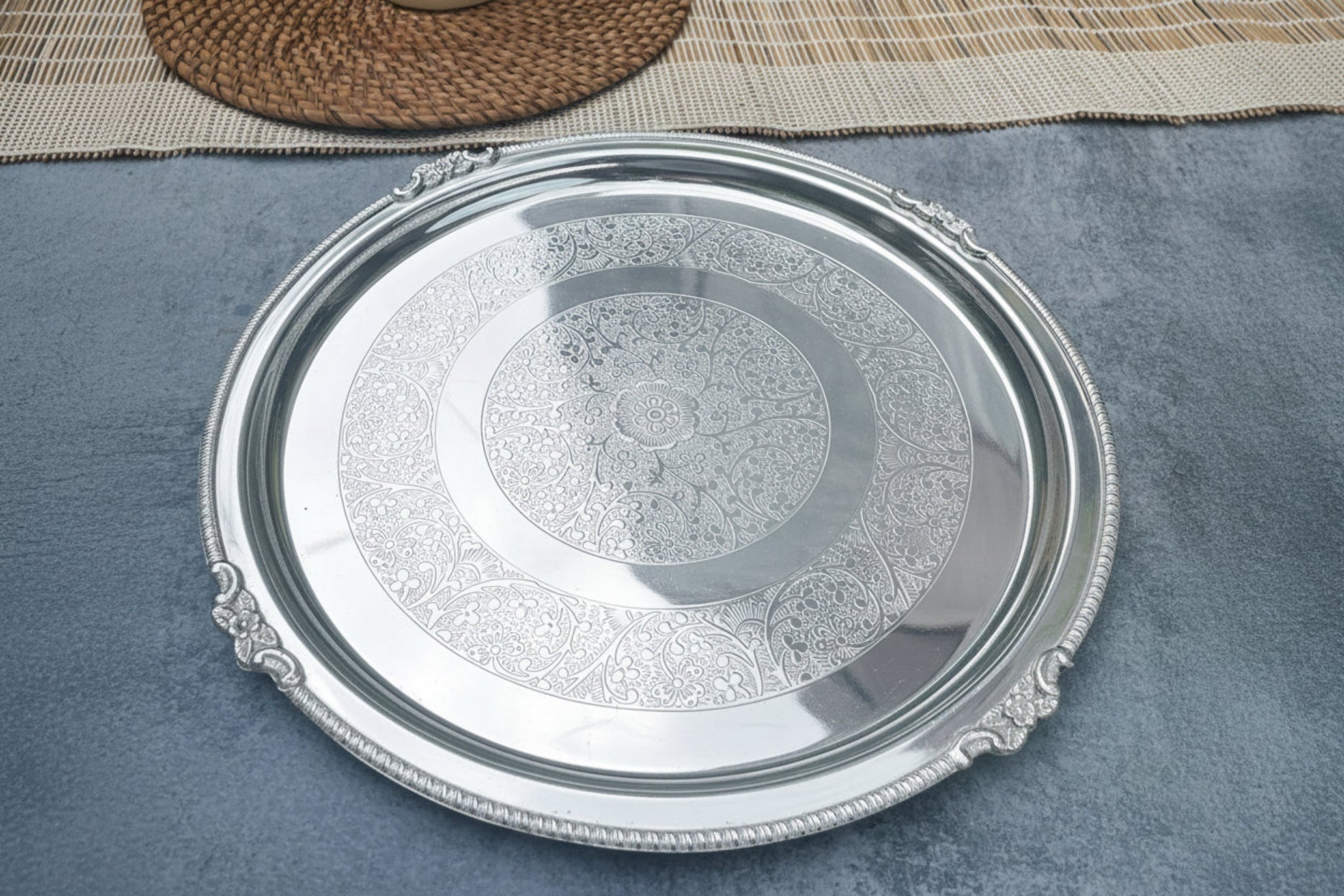 Ambi Elegant Large Matt Pure Silver Brass Plate with Intricate Engraving 12 inch