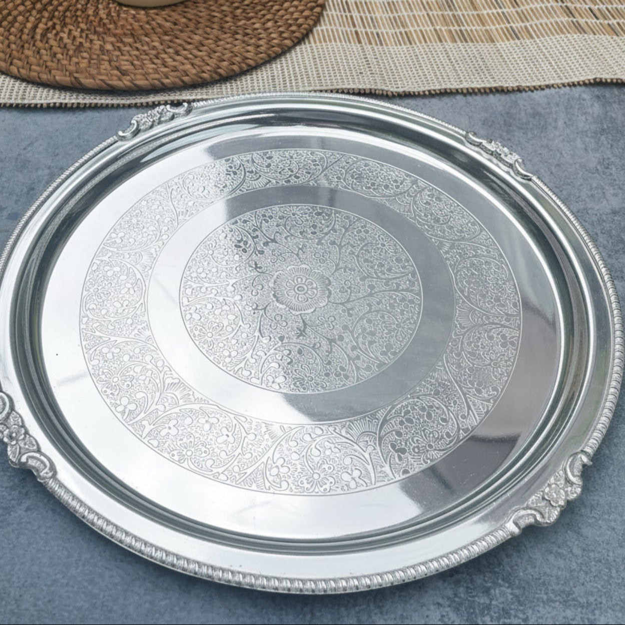 Ambi Pure Silver-Plated Brass Plate – 12 Inch | Matte Engraved | 545g