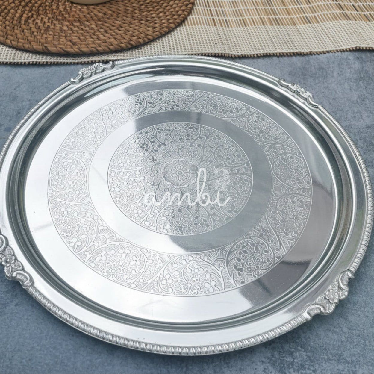 Ambi Elegant Large Matt Pure Silver Brass Plate with Intricate Engraving 12 inch