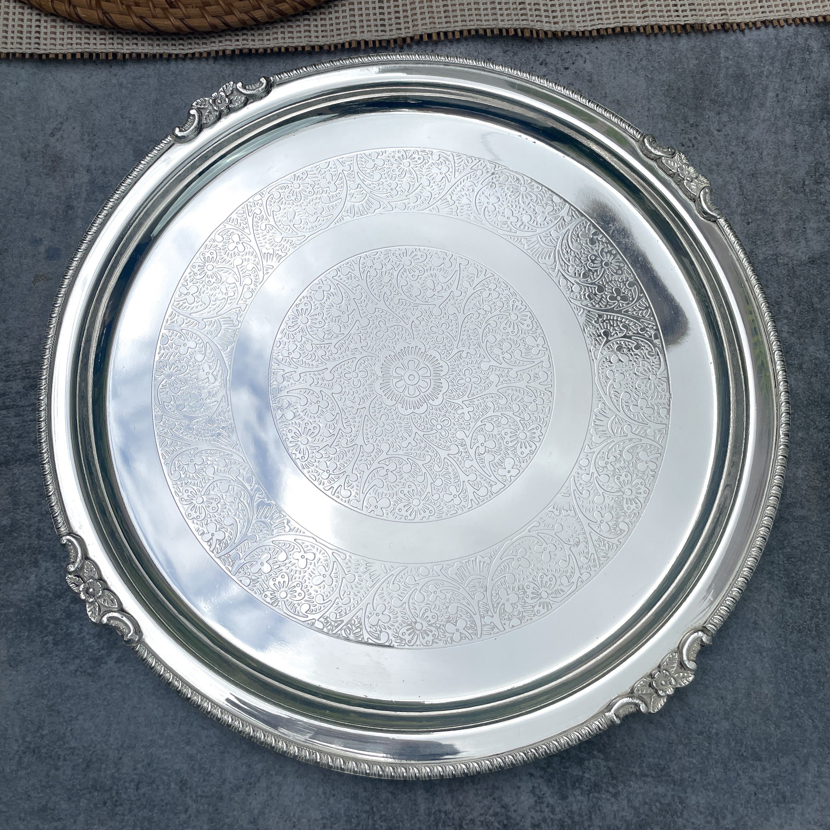 Ambi Silver-Plated Brass Thali Set – 8 Pieces | Glossy Engraved