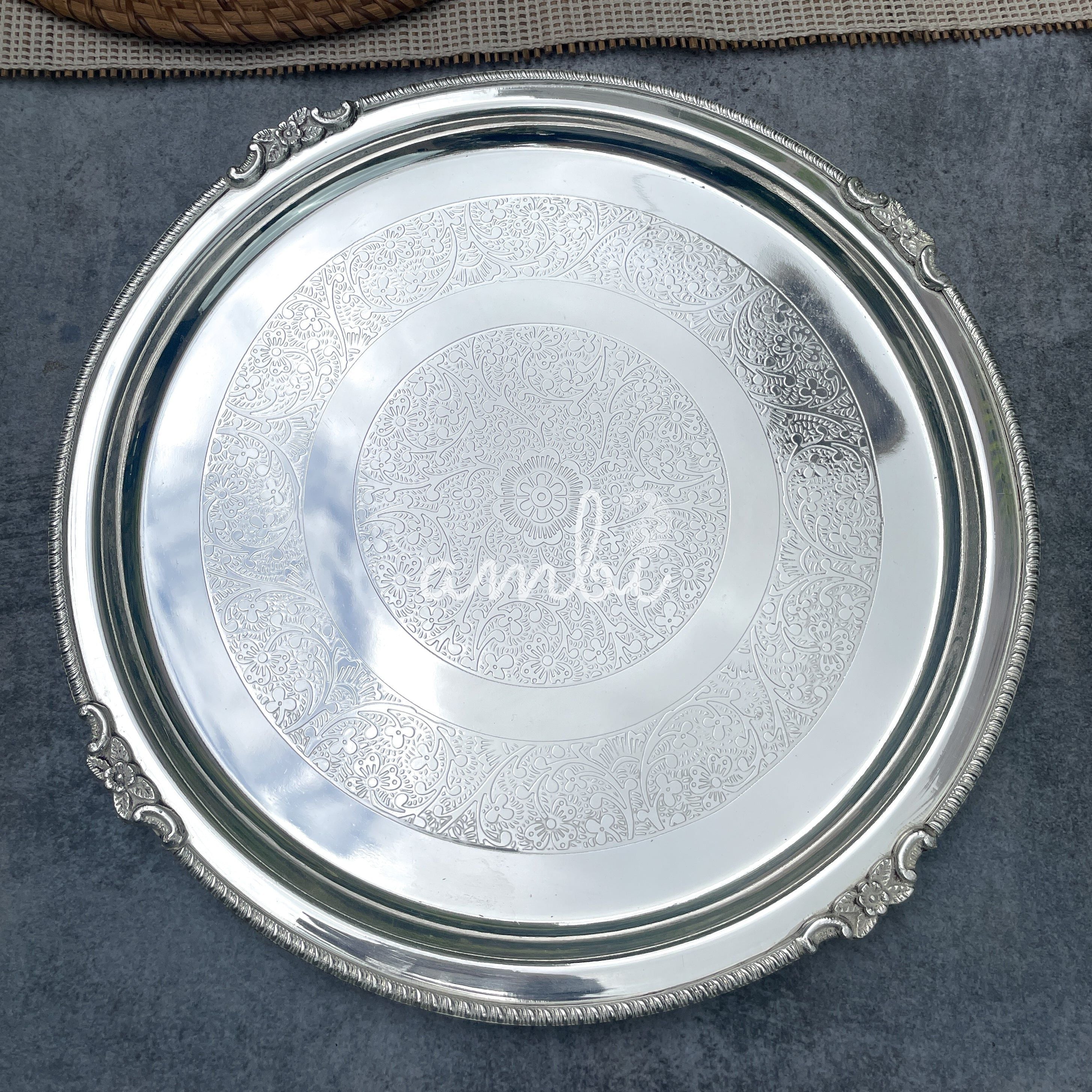 Ambi Pure Silver Plated Brass Royal Glossy Thali Set with Engraved Details – 8 Pieces