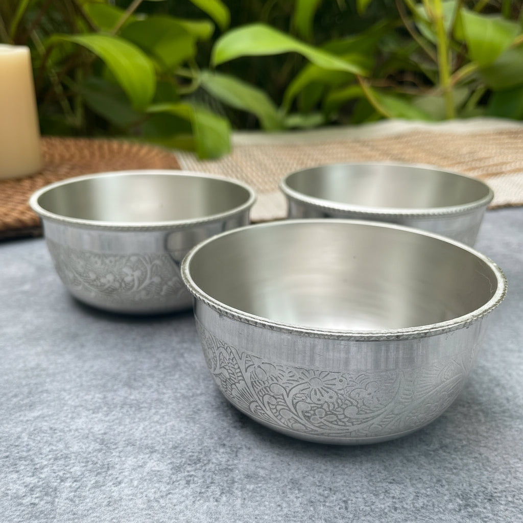 Ambi Silver-Plated Brass Thali Set – 8 Pieces | Glossy Engraved