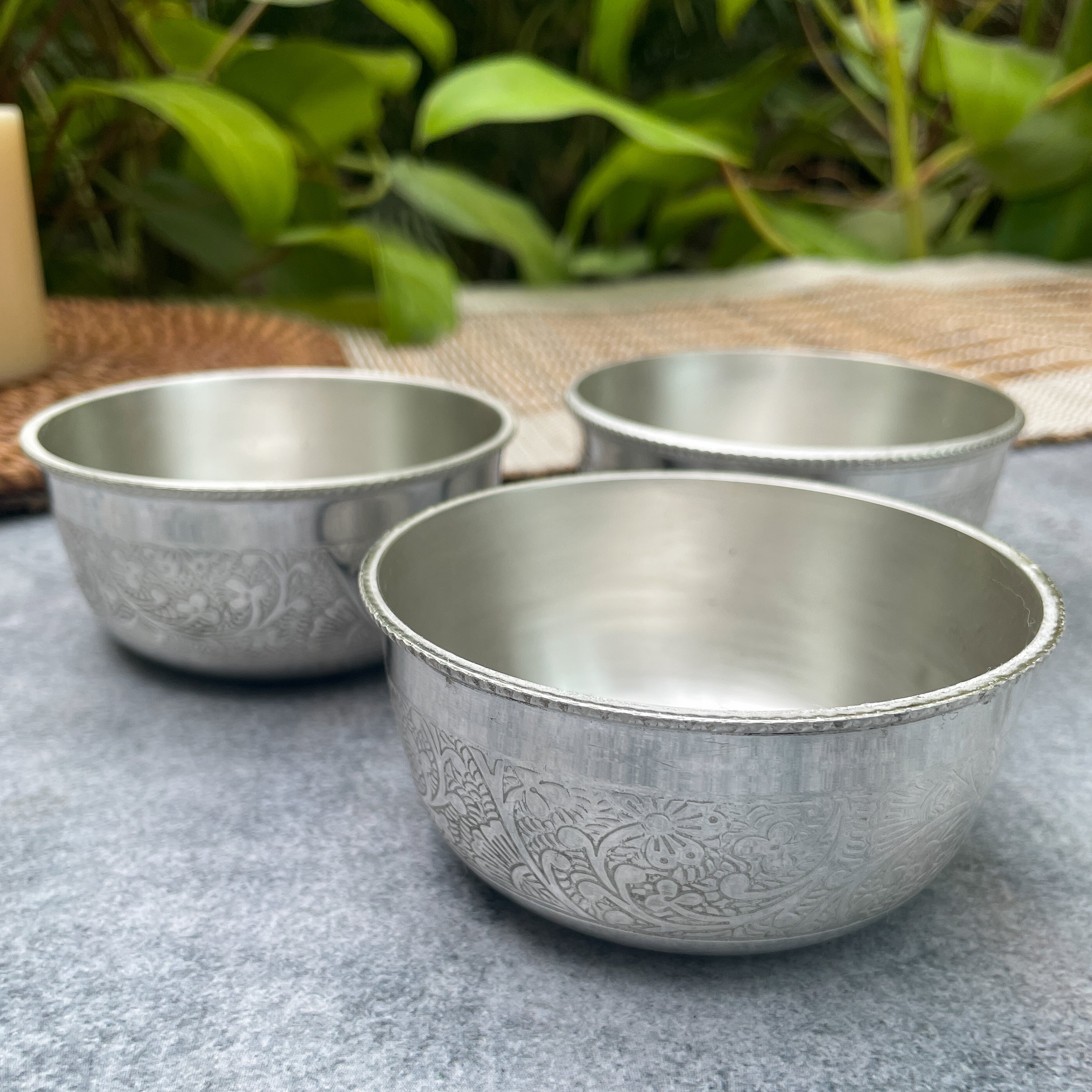 Ambi Silver-Plated Brass Engraved Serving Bowl – 3.5 Inch | 150g