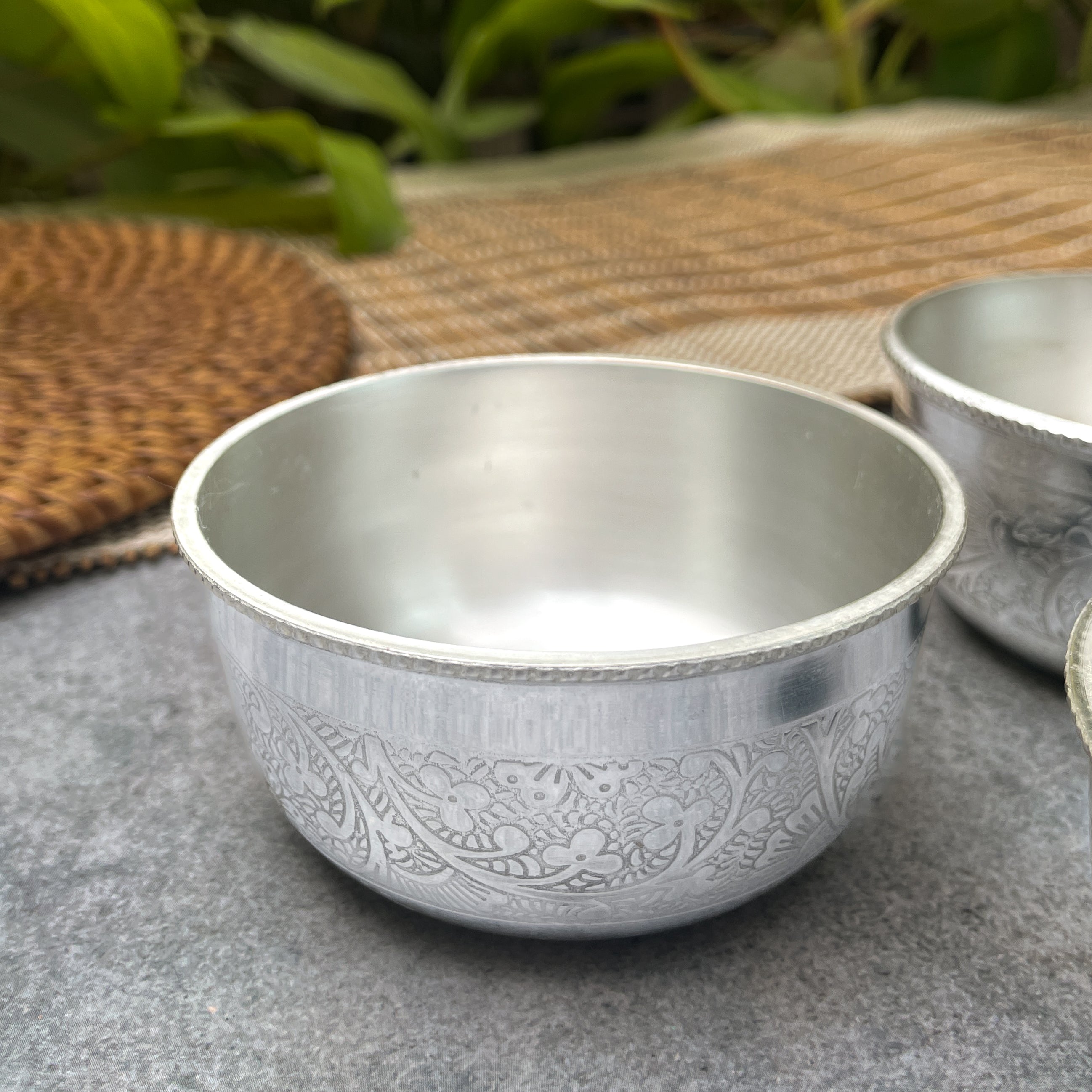 Ambi Silver-Plated Brass Engraved Serving Bowl – 3.5 Inch | 150g