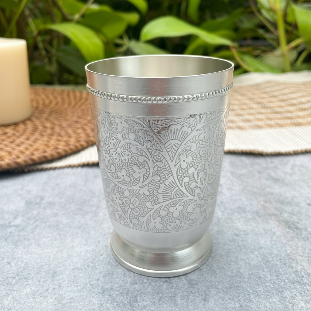 Ambi Silver-Plated Brass Thali Set – 8 Pieces | Glossy Engraved