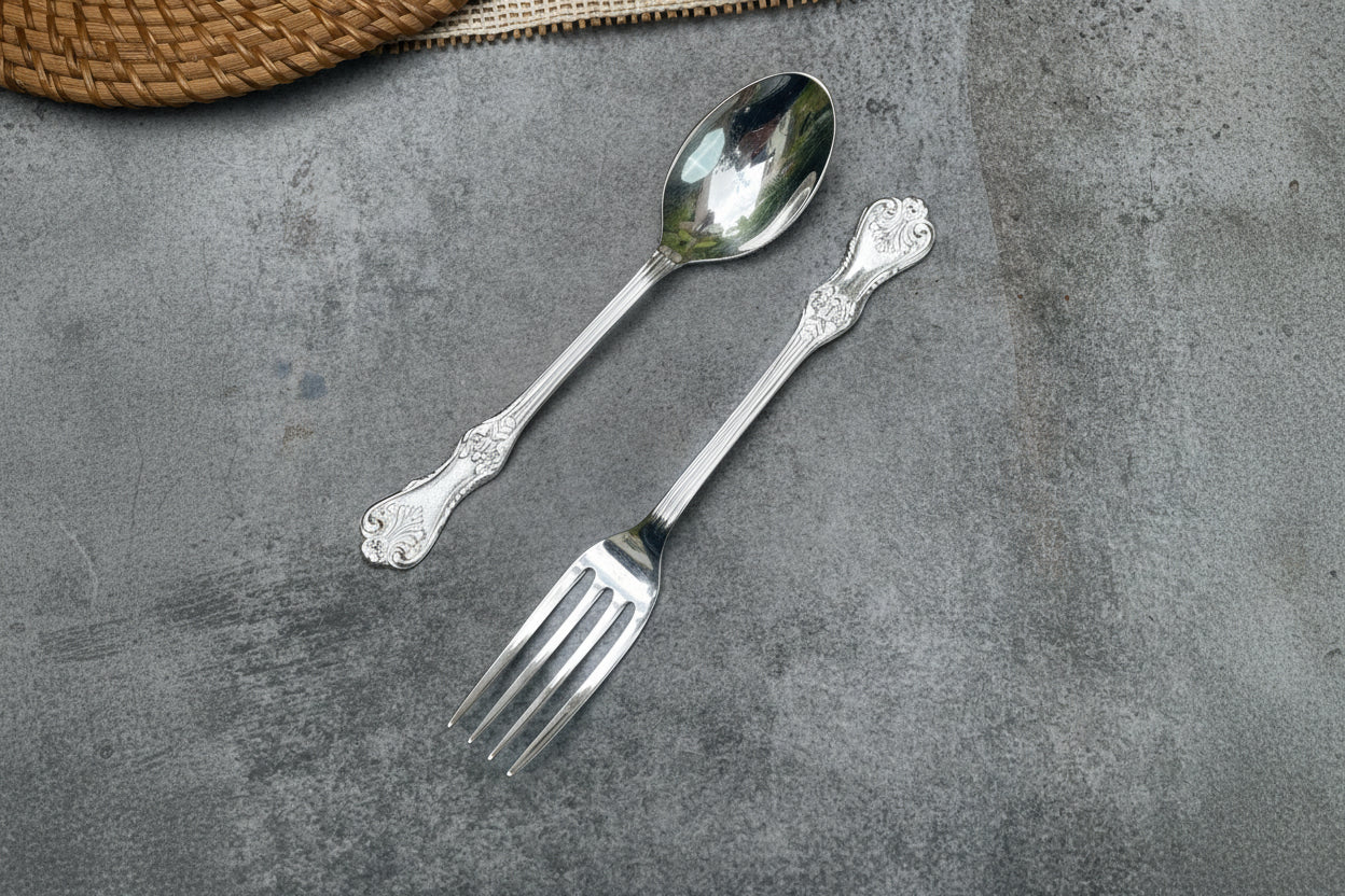 Ambi Silver-Plated Brass Spoon & Fork Set – Glossy Finish | Handcrafted Cutlery