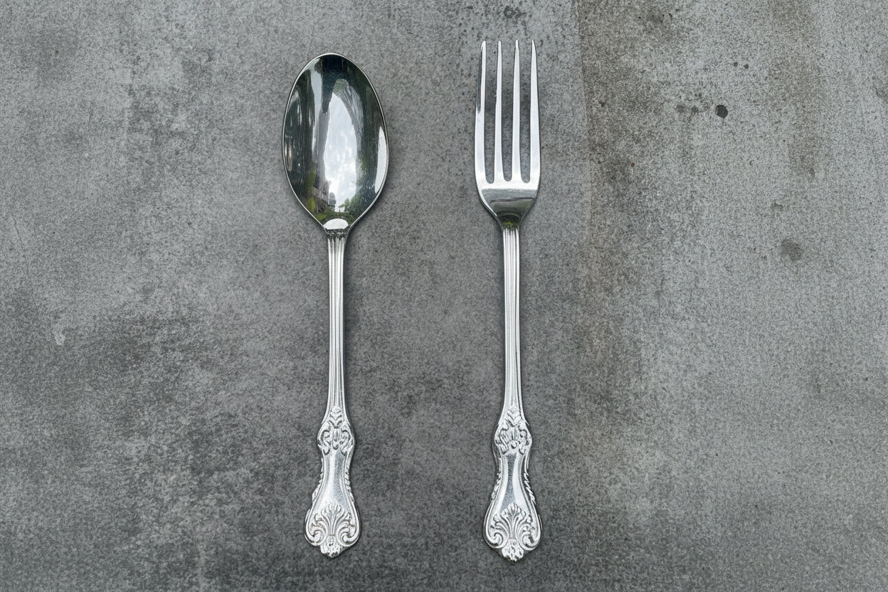 Ambi Silver-Plated Brass Spoon & Fork Set – Glossy Finish | Handcrafted Cutlery