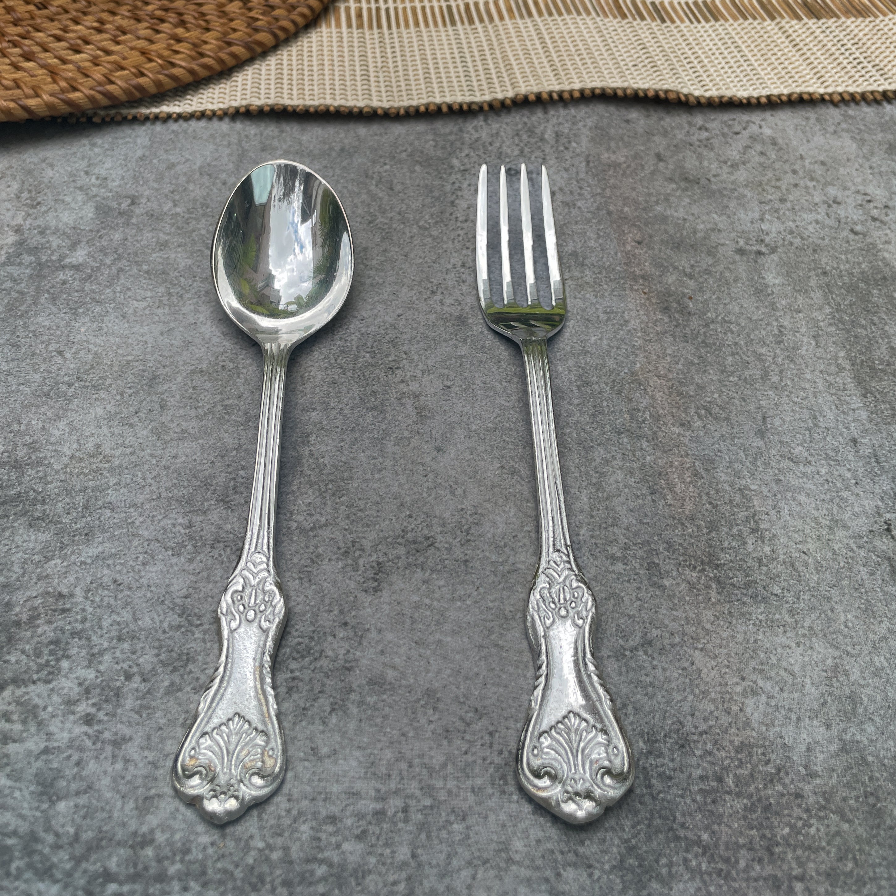 Ambi Silver-Plated Brass Spoon & Fork Set – Glossy Finish | Handcrafted Cutlery