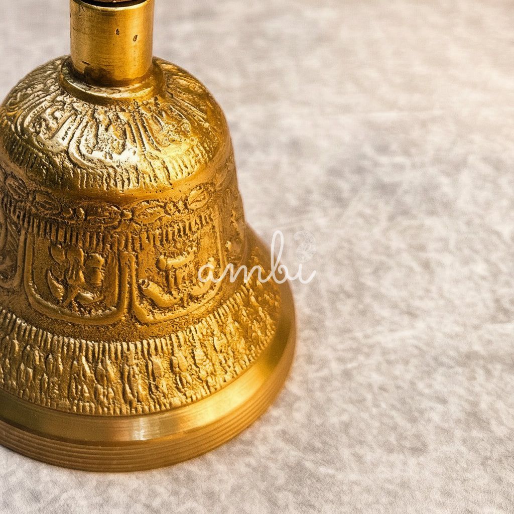 Ambi Antique Pure Brass Handbell with Intricate Tibetan Carving