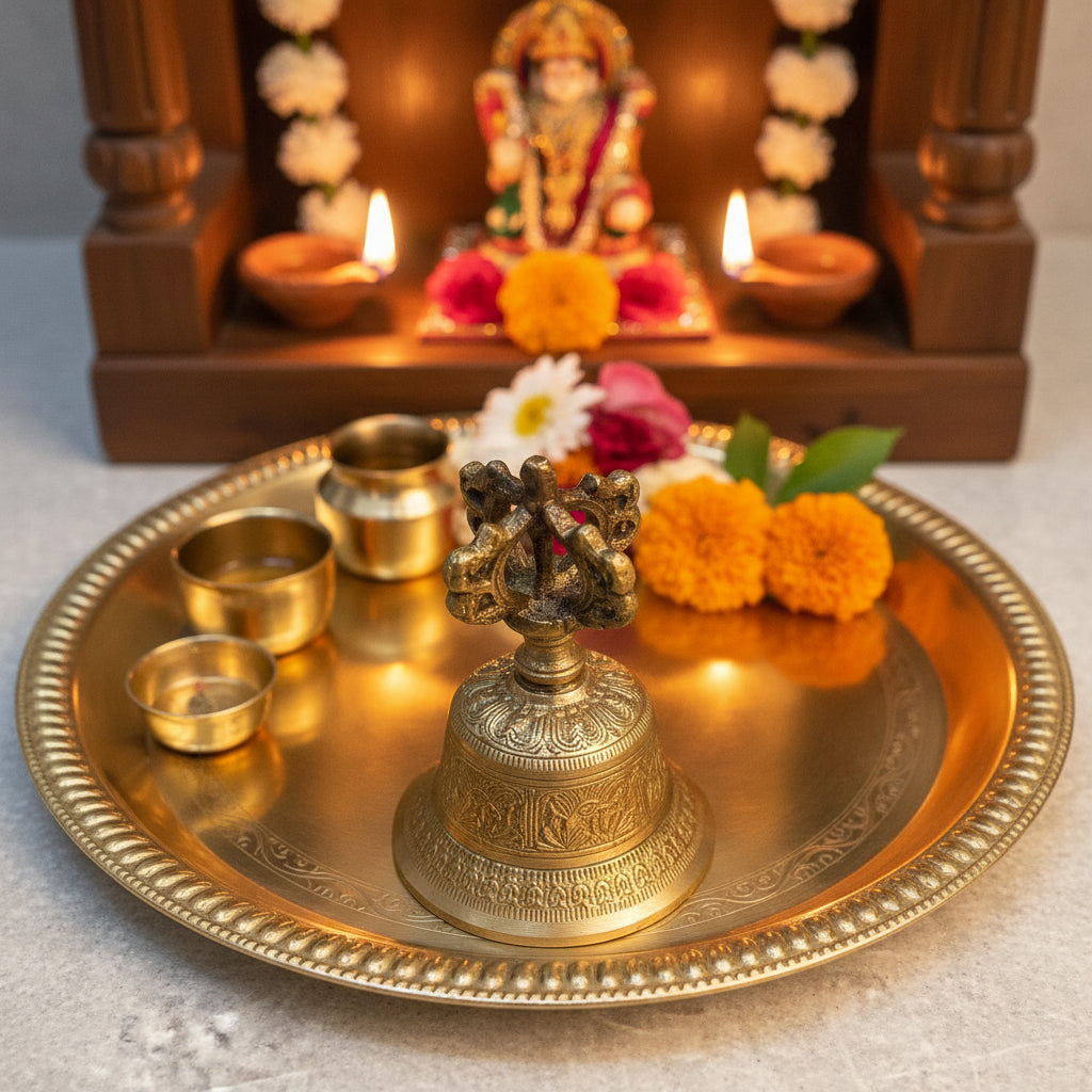 Ambi Antique Pure Brass Handbell with Intricate Tibetan Carving