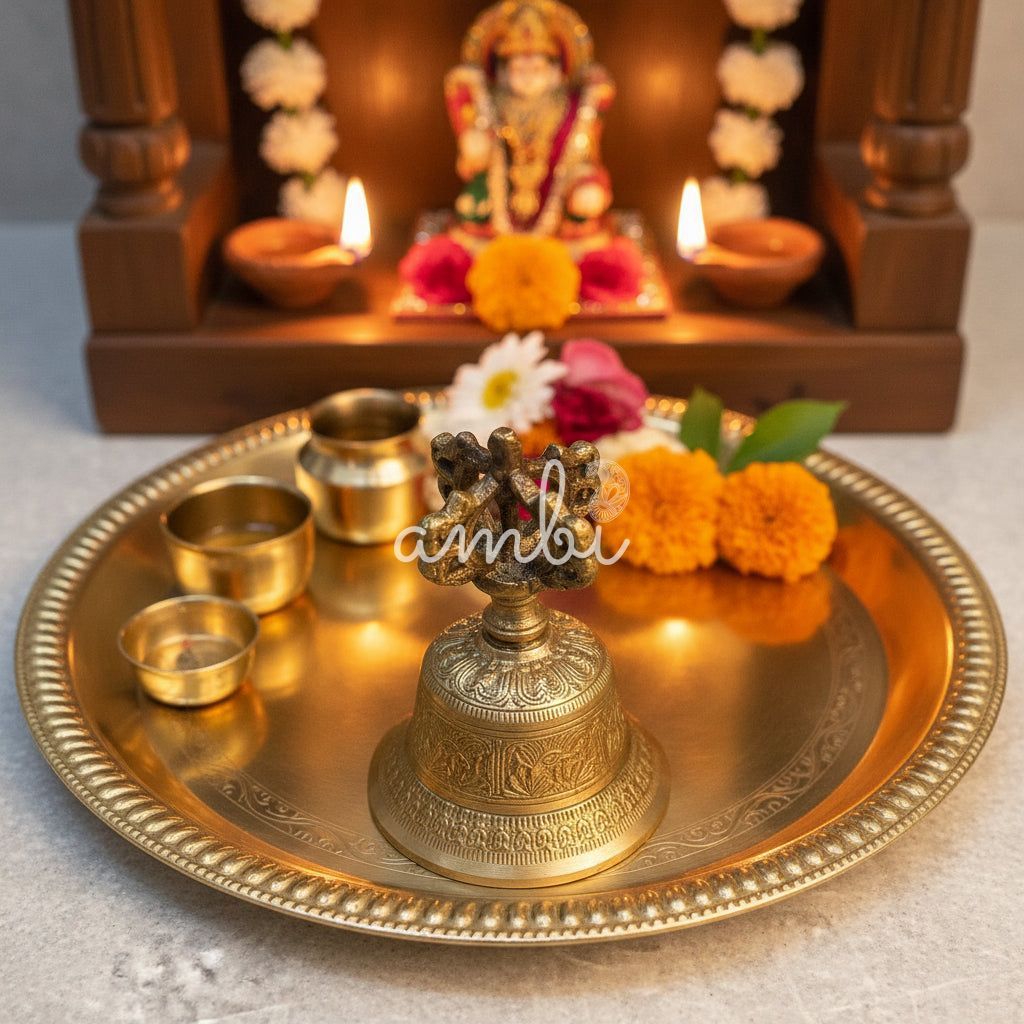 Ambi Antique Pure Brass Handbell with Intricate Tibetan Carving