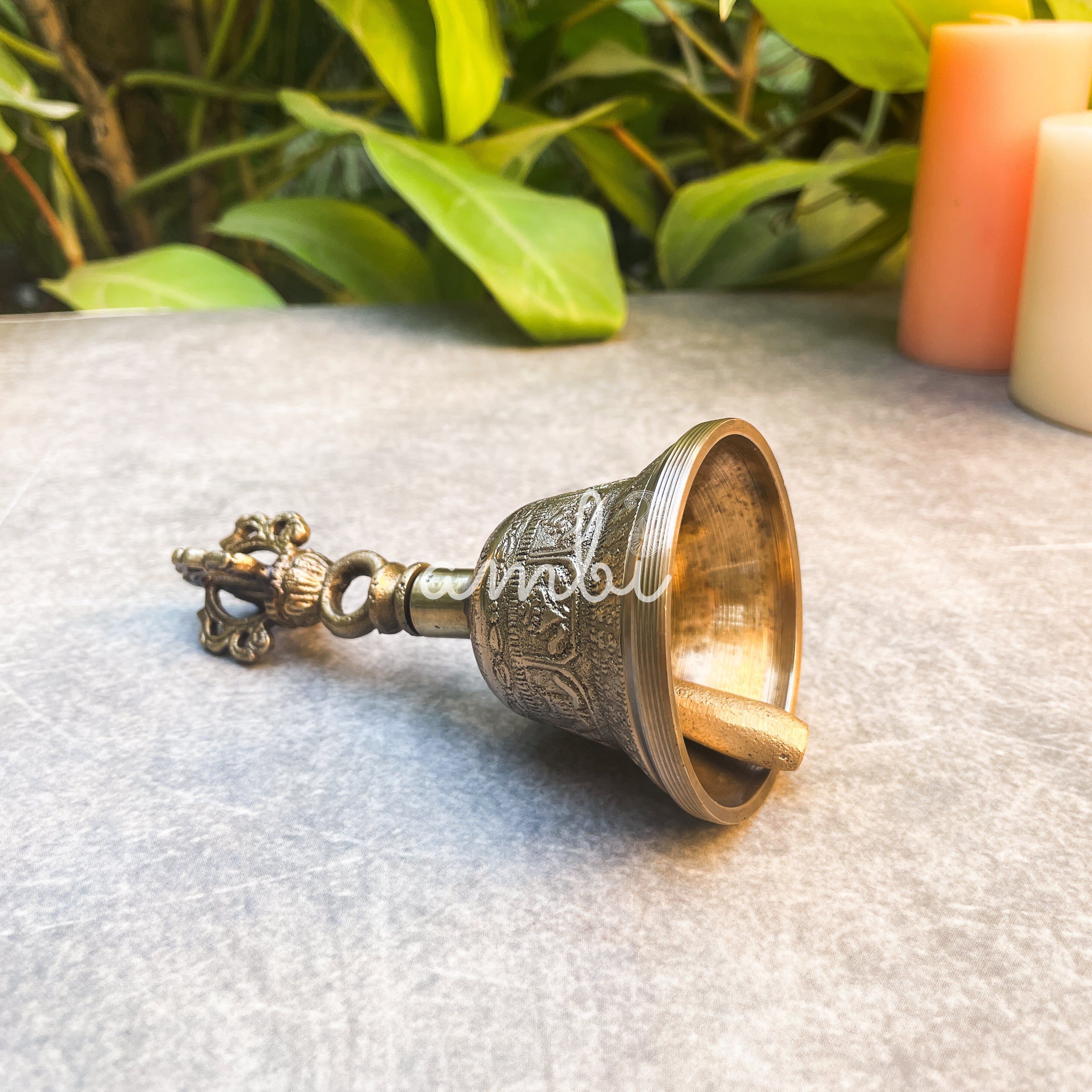 Ambi Antique Pure Brass Handbell with Intricate Tibetan Carving