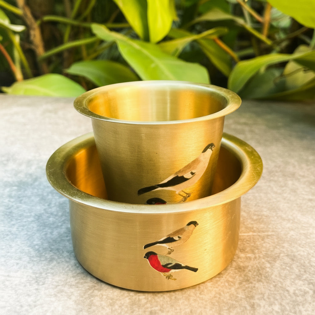 Pure Brass Sparrow Hand-Painted South Indian Coffee Dabara Set